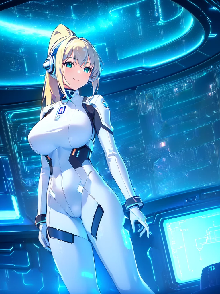 masterpiece:1.4, 1girl in ((20yr old, Wearing a futuristic white and silver costume, Tight Fit Bodysuit, long boots, Very gigantic-breasts, Multicolored blonde hair, a short bob, Perfect model body, Blue eyes:1.4, Wearing headphones, Flirting, Looking out the window of the futuristic sci-fi space station、While admiring the beautiful galaxy:1.2, SFSF control room on night background:1.1, Neon and energetic atmosphere:1.2)) ((Galaxy)) ((Solo:1.6))
