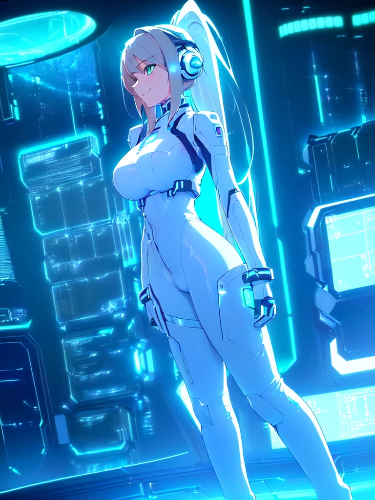 masterpiece:1.4, 1girl in ((20yr old, Wearing a futuristic white and silver costume, Tight Fit Bodysuit, long boots, Very gigantic-breasts, Multicolored blonde hair, a short bob, Perfect model body, Blue eyes:1.2, Wearing headphones, Looking out the window of the futuristic sci-fi space station、While admiring the beautiful galaxy:1.2, SFSF control room on night background:1.1, Neon and energetic atmosphere:1.2)) ((Galaxy))