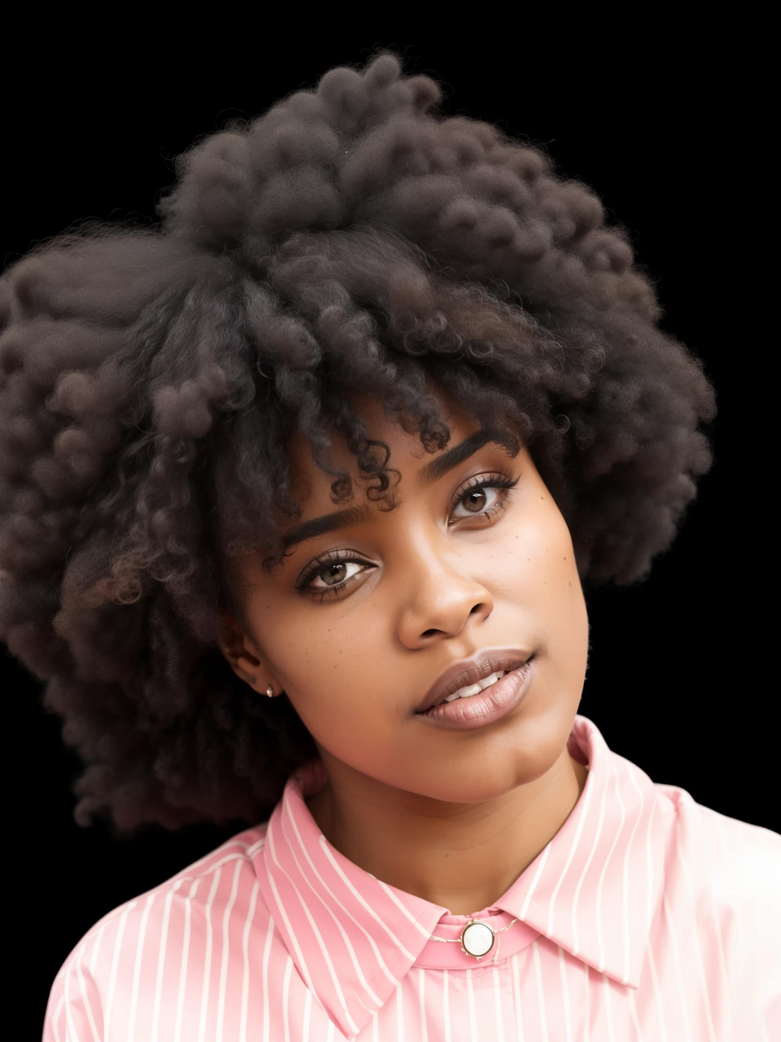 there is a young woman with very big afro hair, com afro, grande afro, cabelo afro, foto de uma mulher negra, jovem mulher negra, cabelos naturais, Close Up foto retrato, africana de pele clara, adolescente negra, medium close up portrait, cabelos afro longos, samurai bonito com afro, afro, retrato de alta qualidade, mulher jovem negra