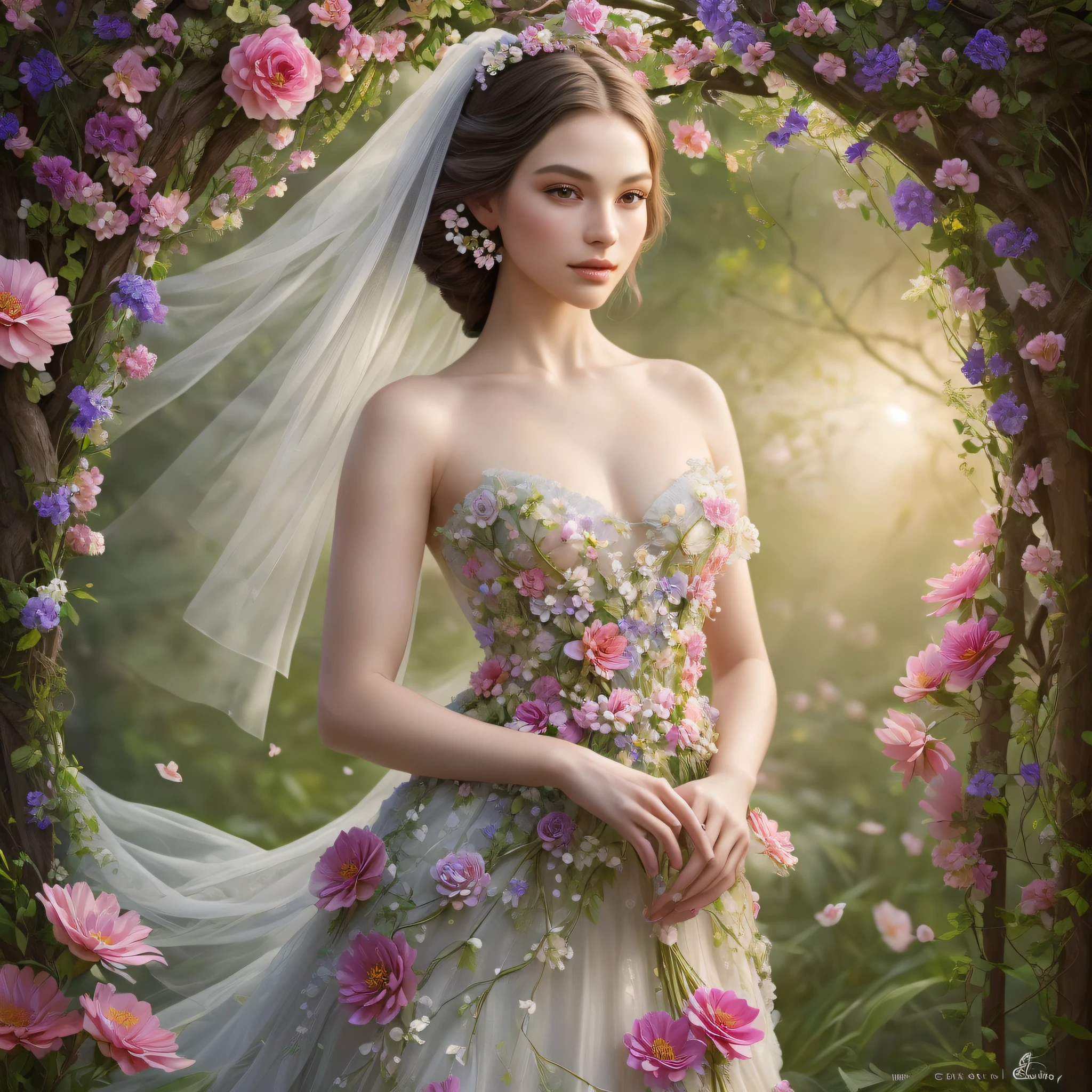 a close up of a gazebo with flowers and candles on a lawn, very magical and dreamy, dreamy and detailed, beautiful render of a fairytale, glamorous setting, unreal engine ; romantic theme, super detailed render, dreamy scene, fairy tale setting, 3d magical details, rendered in v-ray, stunning sunny lighting, fully detailed render, summer morning light,(((And a beautiful lady standing in front of it, looking at the viewer)))
