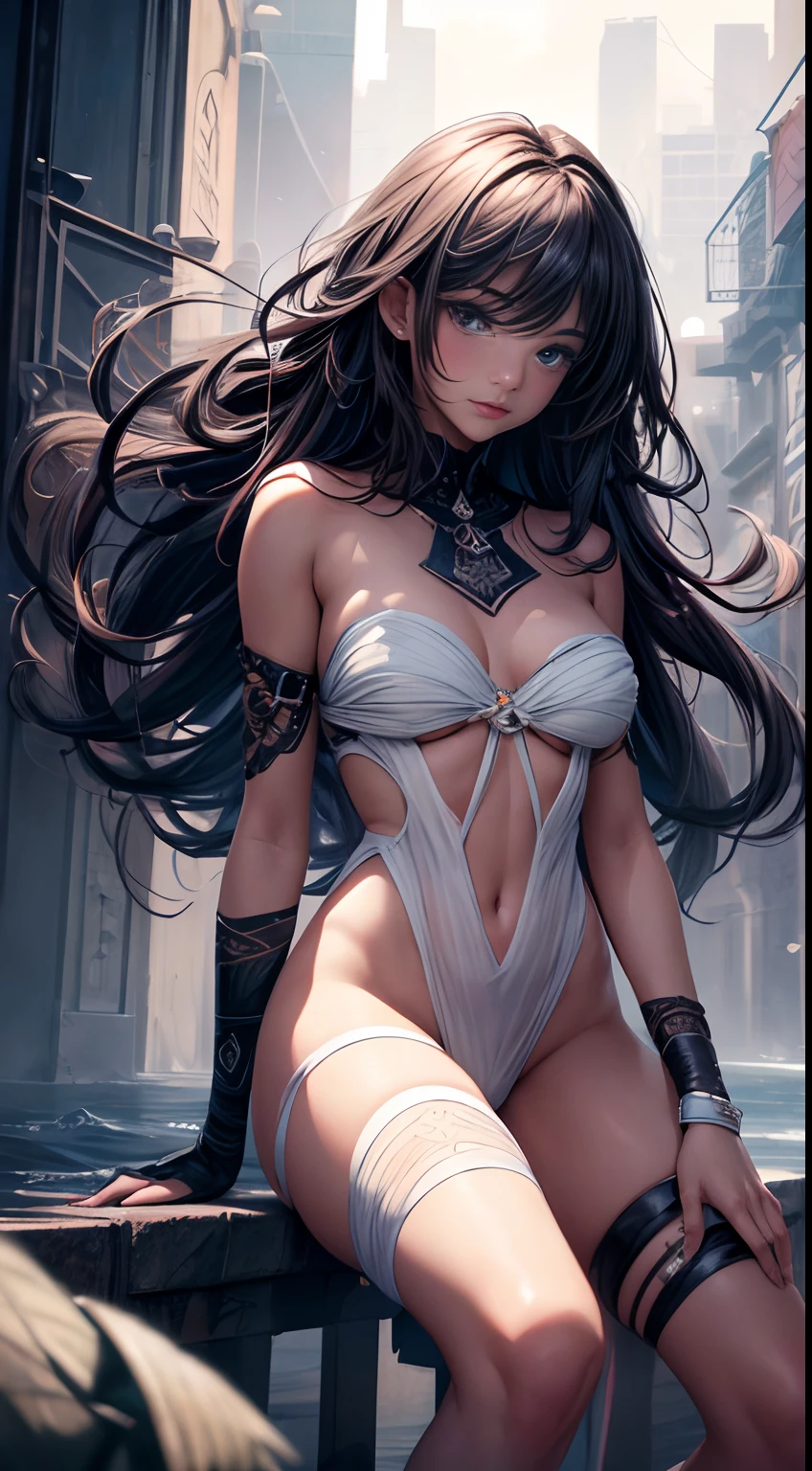 (Best quality,4K,8K,A high resolution,tmasterpiece:1.2),ultra - detailed,(actual,realistically,realistically:1.37),beuaty girl,A detailed eye,Exquisite lips and face,Bandage bandeau,Expose your legs,obscene exposure ,Emotional expression,floated hair,gentlesoftlighting,scenery background,contrast color,Painting medium,subtle detailing,Surreal atmosphere,vibrant paint palette