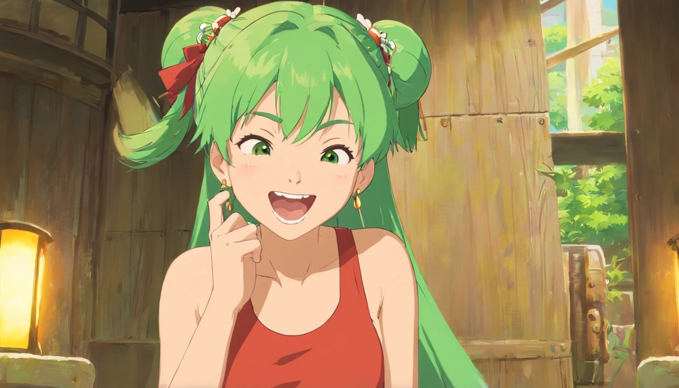 girl, jewelry, bead necklace, tank top, smile, gorgeous face, no background, green hair, open mouth, double strained hair buns, teeth, indoors