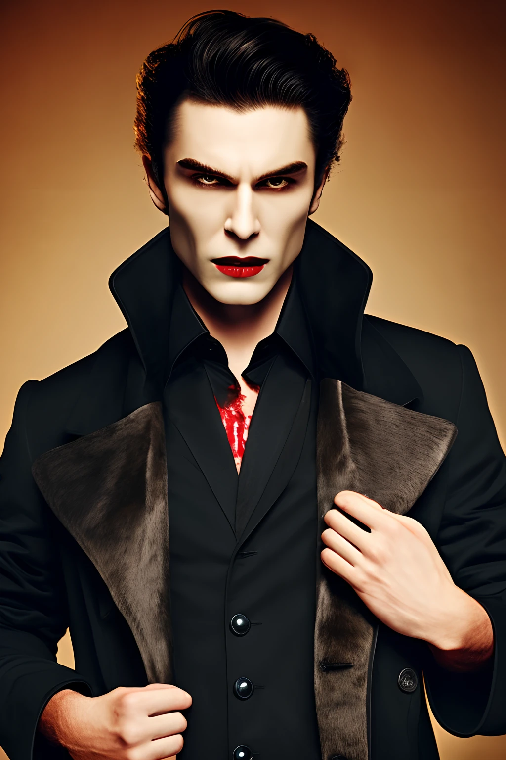 a vampire with a young and seductive appearance, orange eyes, pale skin, dark hair, wearing a black coat stained with blood