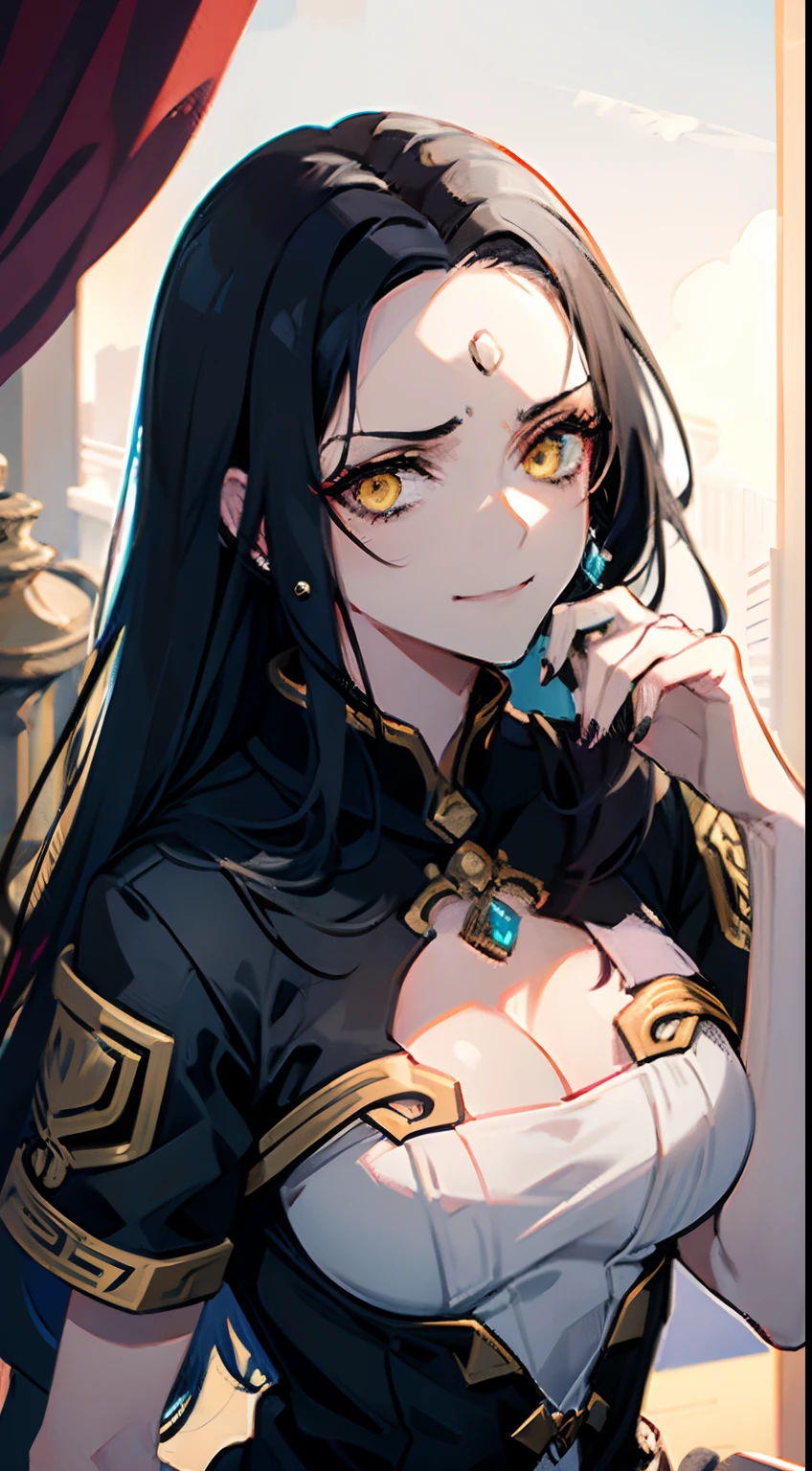 , flowing black hair, olhos vermelhos ,ladina, Rogue, anime, seios grandes, Reino de neve, olhos extremamente detalhados, rosto lindo, hair messy, arrogant expression, sorriso Yandere, detailed hands, decote, peitos grandes, roupa detalhada, pernas detalhadas, Only one woman