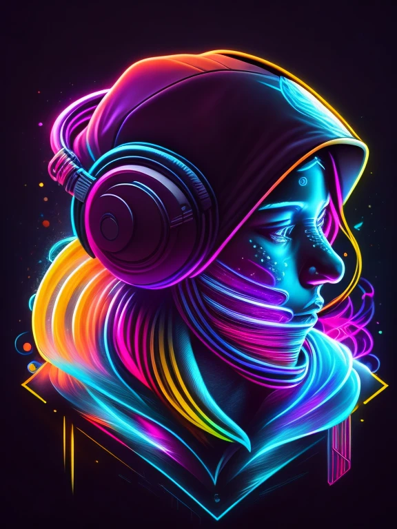 Girls' head, auricular, Hood, cores neon legais, design de camisetas, rzminjourney, arte vetorial
