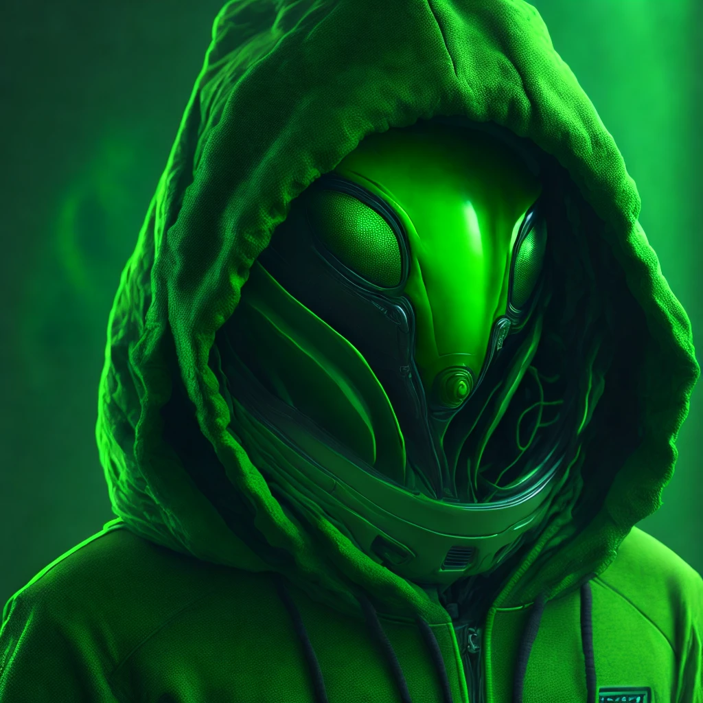 a close-up of a green alien in a hoodie, Space alien, em estilo de bipe, 3 d render bipe, Hybrid style beep blend, bipe e Jeremias Ketner, Estilo bipe, inspirado por Mike "bipe" Winkelmann, Portrait of a humanoid alien, bipe!!