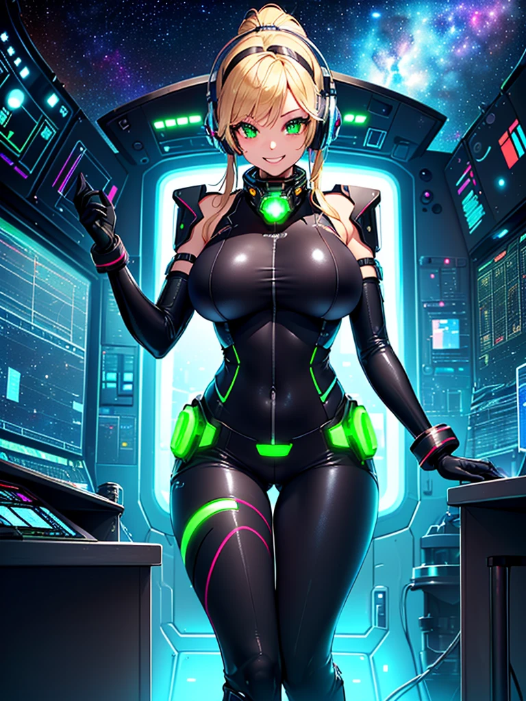 ​masterpiece:1.4, 1girl in ((20yr old, Dressed in a tight futuristic bodysuit in black and silver, long boots, huge-breasted, Multicolored blonde hair, twin ponytail, Perfect model body, Green eyes:1.4, Wearing headphones, Flirting, Happy, Big smile, Looking out the window of the futuristic sci-fi space station、While admiring the beautiful galaxy:1.2, SFSF control room on night background:1.1, Neon and energetic atmosphere:1.2)) ((Galaxy)) ((Solo:1.6))