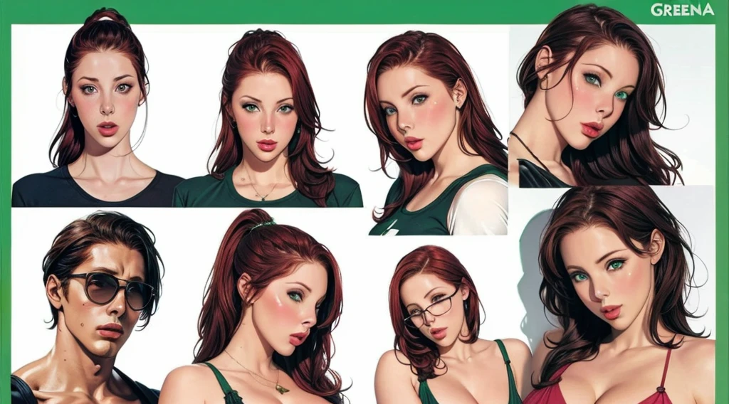 Gianna Michaels, Female original character reference sheet adoptable, redhead, green eyes,