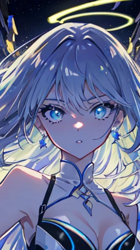 (Obra), (best quality), (4k), (Incredibly detailed CG illustration masterpiece), best quality, ultra-detalhado, high resolution, CG extremamente detalhado, imagem de anime, Unity 8k papel de parede, Pov, (coxas grossas), Curvy, cabelos brancos, olhos vermelhos, 1 girl, pale skin, Cabelos em dois tons, Cilia, sorrir, pele reluzente, cabelos brilhantes, cabelos longos, night sky, nebula, galaxy, looking towards you, anime, belos olhos de anime, belos olhos detalhados, olho, Olhos brilhantes, Corpo Perfeito, Perfect lips, nariz perfeito, olhos perfeitos, (neon light), (neon lights), (cores brilhantes), angelic, halo, vestido detalhado, Desgaste de Noivas, flor, Capacete, fantasia, Gemas. Magic, power, brilhar, underwear