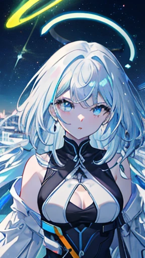 (Obra), (best quality), (4k), (Incredibly detailed CG illustration masterpiece), best quality, ultra-detalhado, high resolution, CG extremamente detalhado, imagem de anime, Unity 8k papel de parede, Pov, (coxas grossas), Curvy, cabelos brancos, olhos vermelhos, 1 girl, pale skin, Cabelos em dois tons, Cilia, sorrir, pele reluzente, cabelos brilhantes, cabelos longos, night sky, nebula, galaxy, looking towards you, anime, belos olhos de anime, belos olhos detalhados, olho, Olhos brilhantes, Corpo Perfeito, Perfect lips, nariz perfeito, olhos perfeitos, (neon light), (neon lights), (cores brilhantes), angelic, halo, vestido detalhado, Desgaste de Noivas, flor, Capacete, fantasia, Gemas. Magic, power, brilhar, underwear