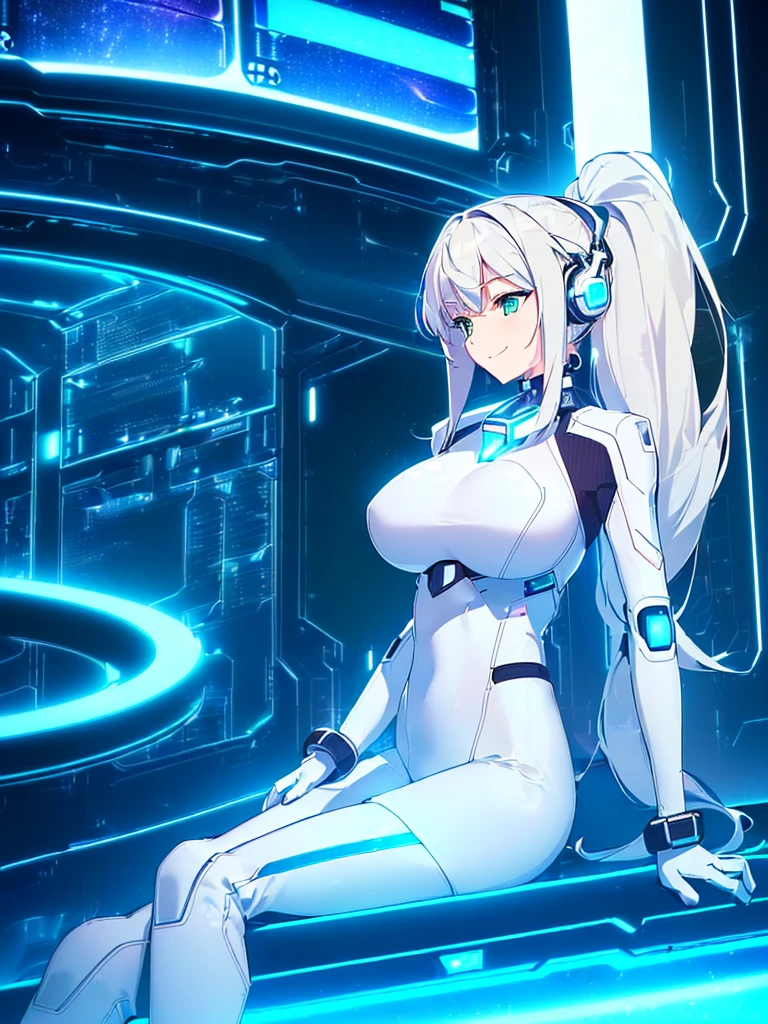 ​masterpiece:1.4, 1girl in ((20yr old, Dressed in a tight futuristic bodysuit in white and silver, long boots, huge-breasted, Multicolored blonde hair, twin ponytail, Perfect model body, Green eyes:1.4, Wearing headphones, Flirting, Happy, Big smile, Looking out the window of the futuristic sci-fi space station、While admiring the beautiful galaxy:1.2, SFSF control room on night background:1.1, Neon and energetic atmosphere:1.2)) ((Galaxy)) ((Solo:1.6))