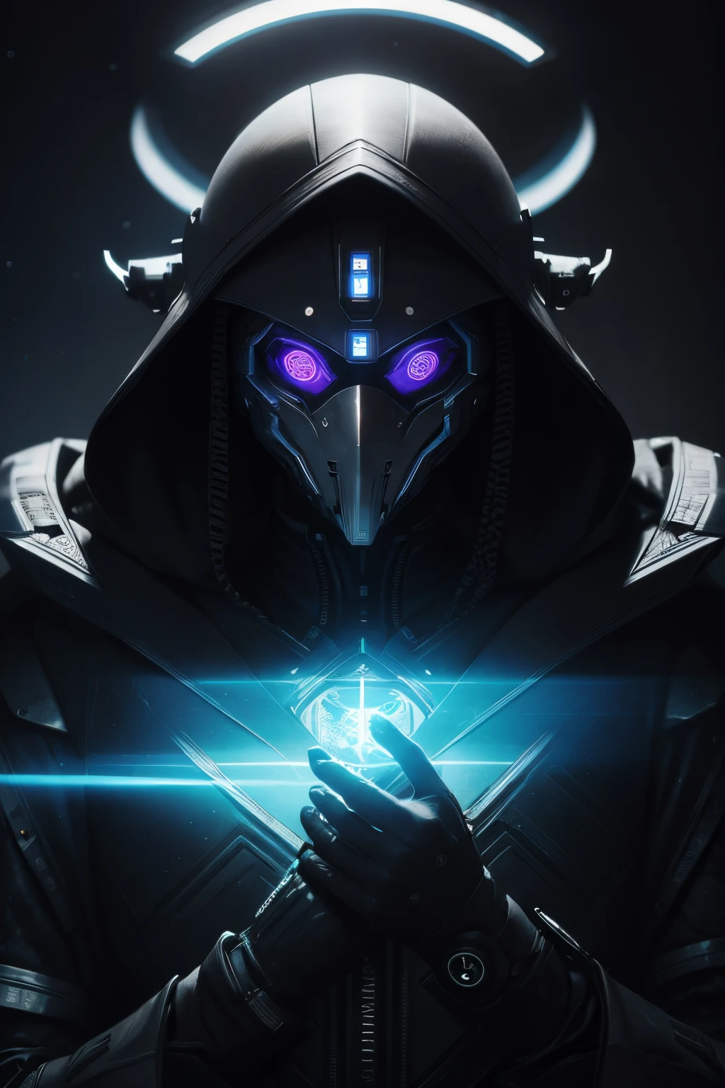 Woman in unique mask with cosmic eyes and futuristic overcoat, pose triunfante visto de baixo para cima, divine superior being with halo on simple smoky background, futuristic mask, estilo cyberpunk, Foto realista, 8k, 4k, extreme res, ultra high-resolution, dynamic lighting, conquistador de mundos sobre uma pilha de morte