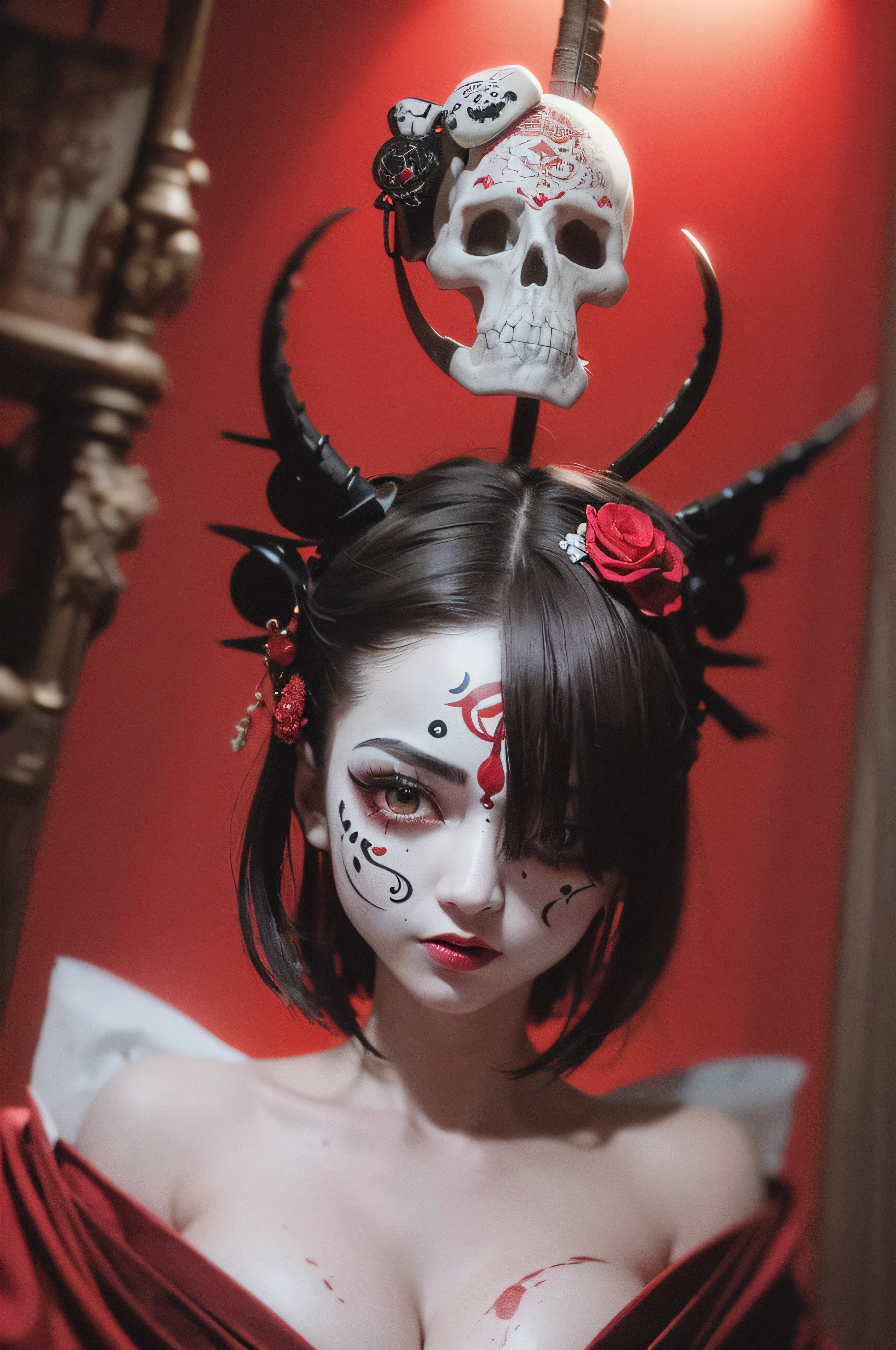 "(The best lighting, oscuro, dramatic),(feto calavera geisha escupiendo tinta roja, Cicatrices, sexy, cerebro, sangre, una rata dentro de la cabeza, terror.),(ojos rojos, calaveras). volumetric light.