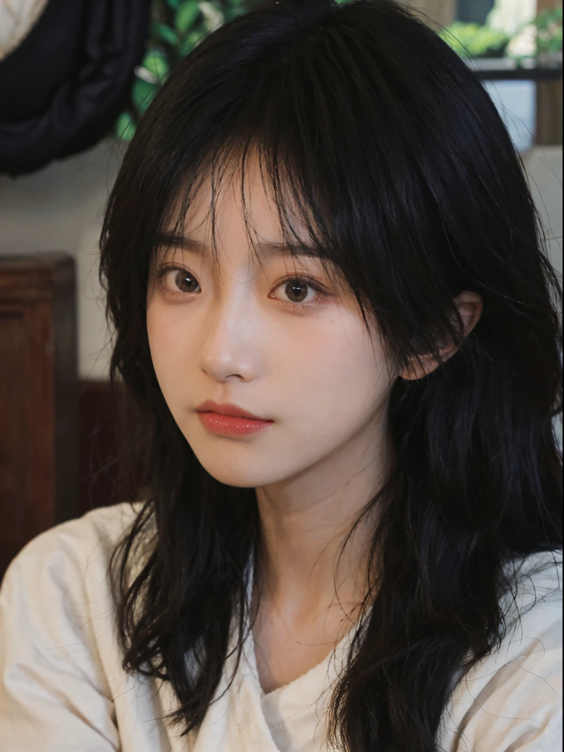 Best quality, 超高分辨率, (realistically:1.4), A woman with long black hair and a gray sweater, The medium scene is, In a ray of sunlight,She has black hair,through bangs, young lovely Korean faces, Cute Korean face, Urzans, Shin Jinying, beautiful aesthetic face, Korean facial features, Played by Liu Li Zhien ,beautiful realistic face