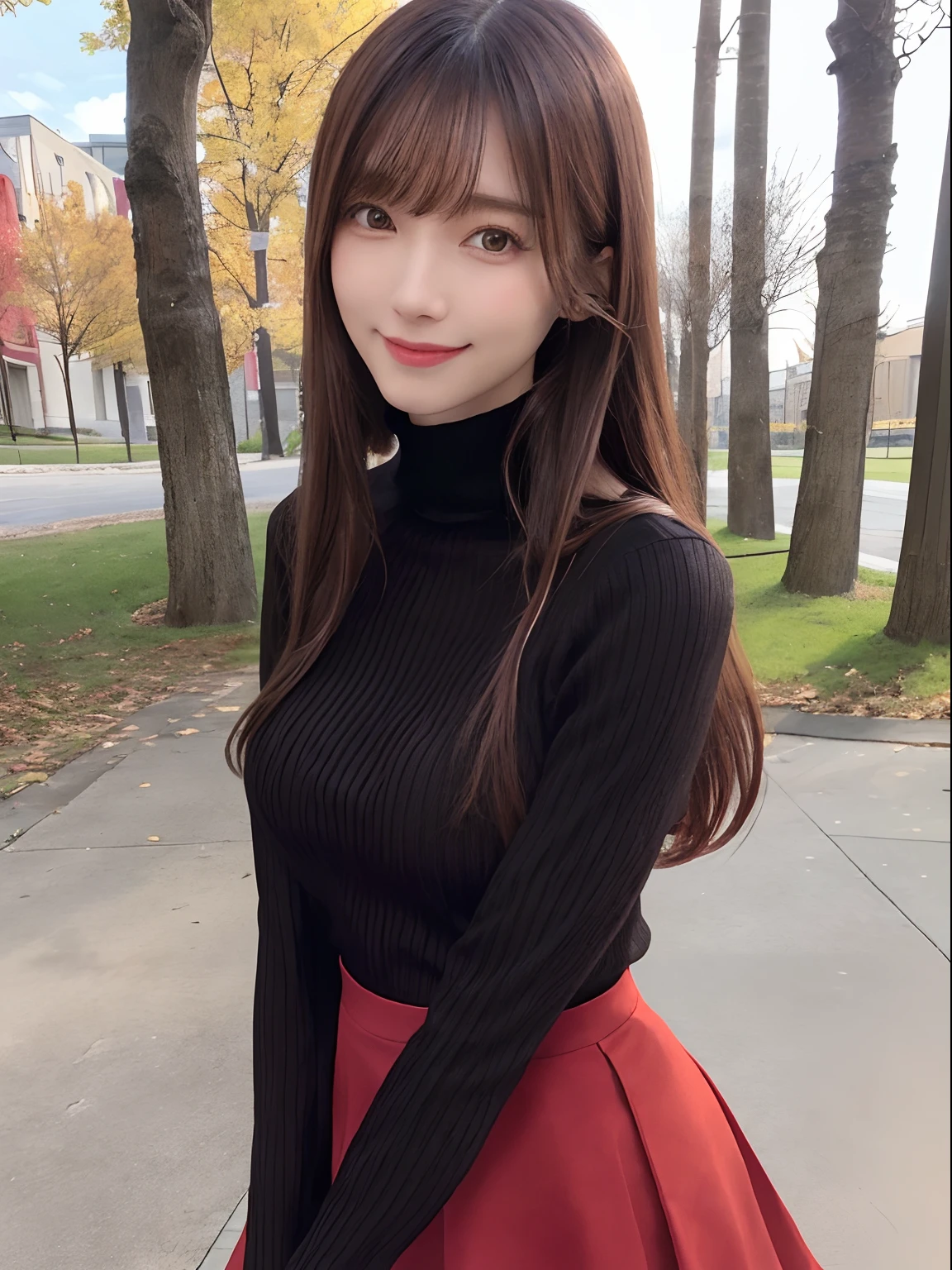 top-quality、Full limbs、complete fingers、Slender beauty、straight haired、Brown hair、((Black high neck long sleeve knit top))、((Red Mini Flared Skirt))、Brown pantyhose、Beautiful Large Breasts、A big smile、a park、Frolicking