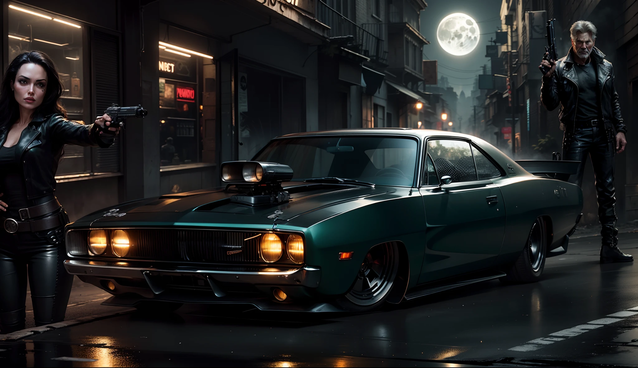 Um imponente Dodge Charger preto, behind a gangster Angelina Jolie holding a pistol and on the other side a bandit Harrison Ford standing holding a pistol, in the background a gloomy alley with a full moon shining on objects in A dieselpunk dystopian futuristic metropolis with lots of Art Deco architecture, atmosfera sombria, lighting dramatic, foco nítido, qualidade 8k, Foto RAW