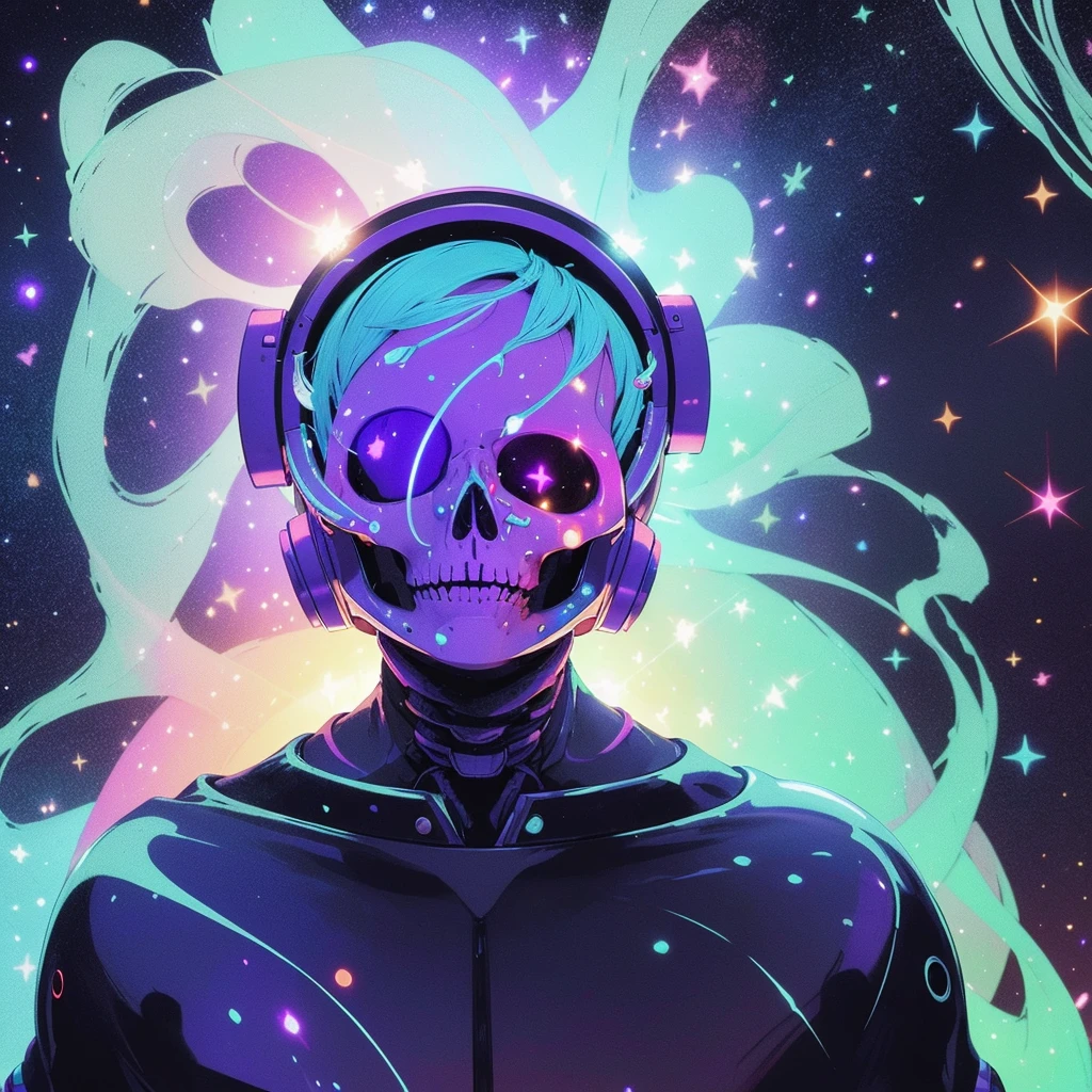 In the ethereal expanse of cosmic dust and vibrant tones, A lifeless astronaut floats silently in the void of space. The strange sight of the skeleton&#39;s face trapped in the helmet makes your spine shake. The strange stillness juxtaposes with vivid colors，Created a haunting representation of the end of the universe.