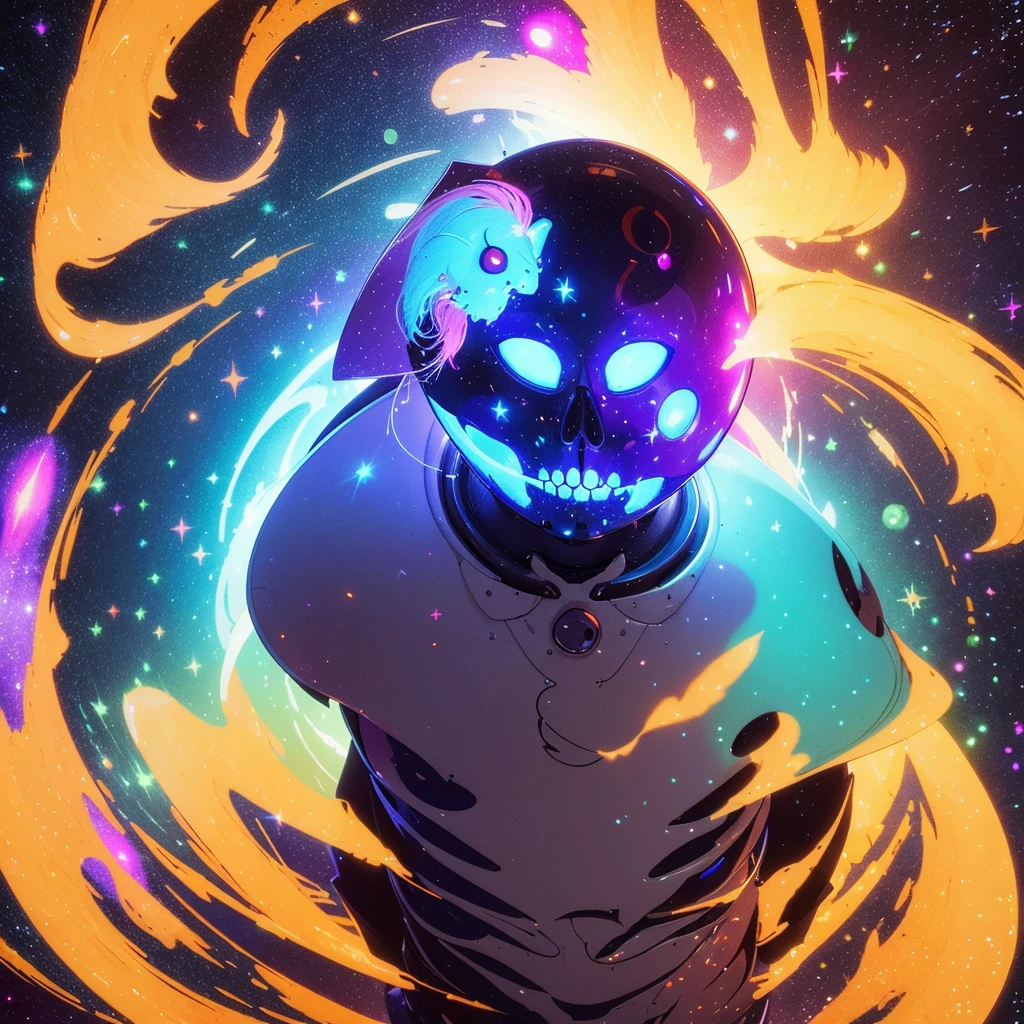 In the ethereal expanse of cosmic dust and vibrant tones, A lifeless astronaut floats silently in the void of space. The strange sight of the skeleton&#39;s face trapped in the helmet makes your spine shake. The strange stillness juxtaposes with vivid colors，Created a haunting representation of the end of the universe.