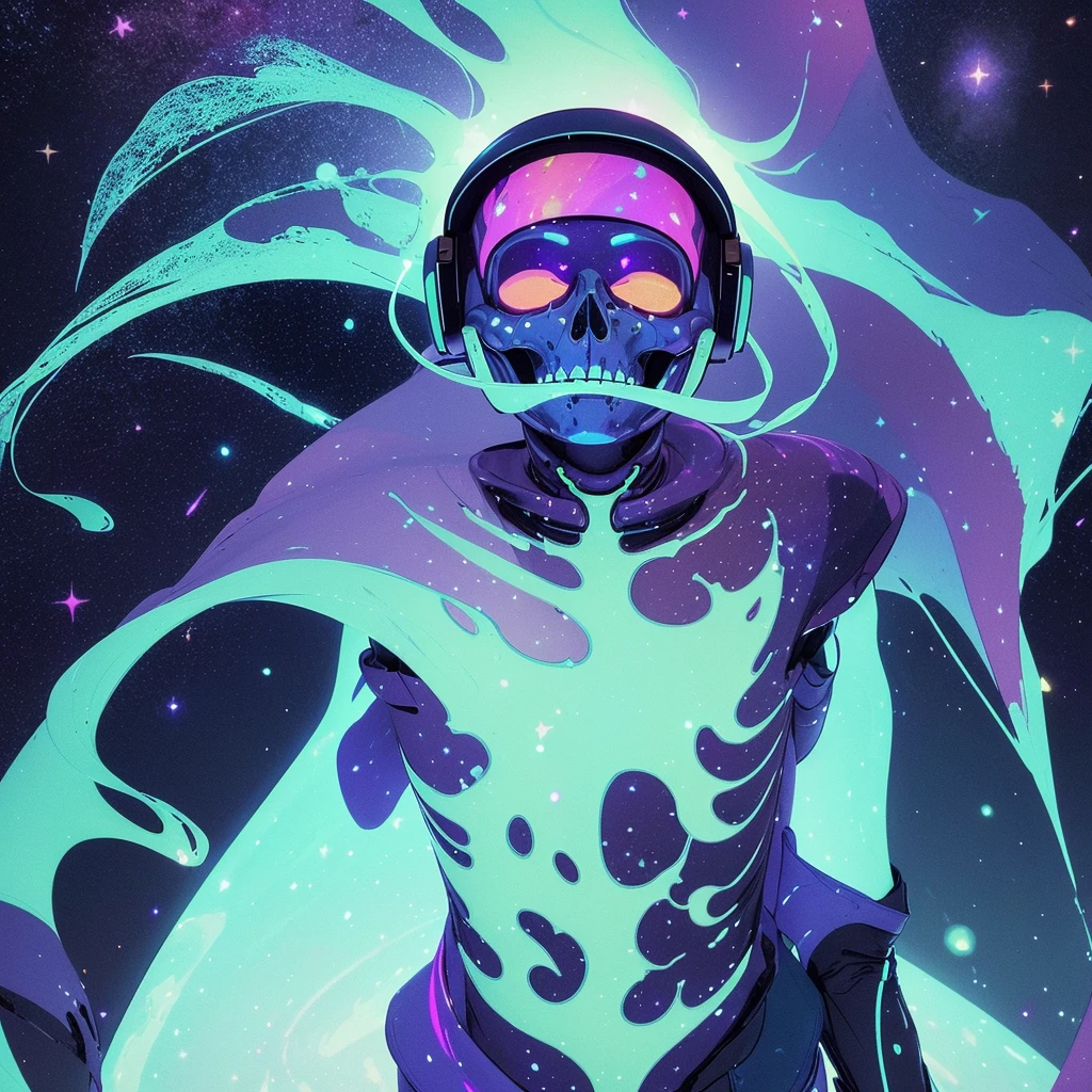 In the ethereal expanse of cosmic dust and vibrant tones, A lifeless astronaut floats silently in the void of space. The strange sight of the skeleton&#39;s face trapped in the helmet makes your spine shake. The strange stillness juxtaposes with vivid colors，Created a haunting representation of the end of the universe.