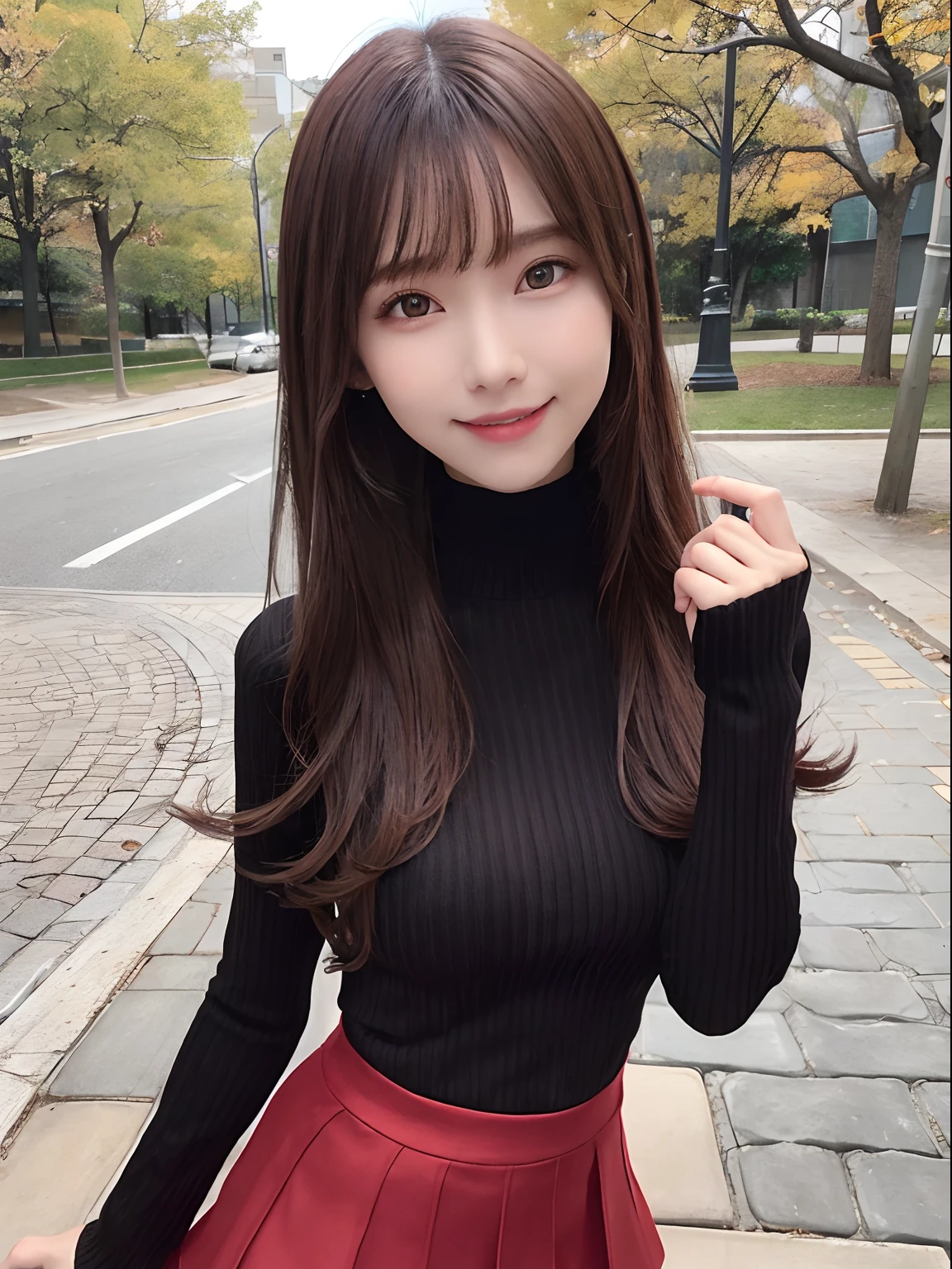 ((Best quality, 8k, Masterpiece :1.3)), 1girl, smiling, full body, slim face, Pretty woman, (Dark brown hair), full length dress :1.1, Ultra-detailed face, Detailed eyes, Double eyelid, blur background, slim face, city, outside, street,