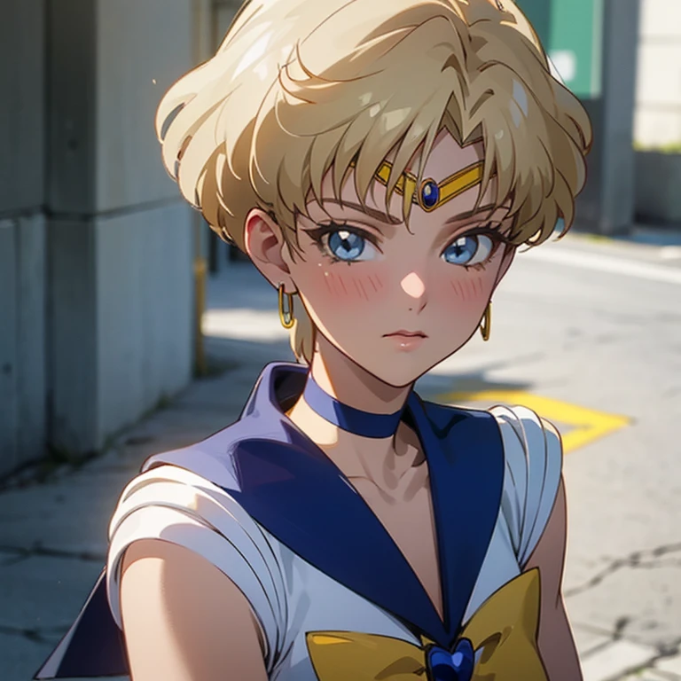 ((masterpiece)), (best quality),official art, extremely detailed CG unity 8k wallpaper, highly detailed, Depth of field, vivid color, detailed background, best illumination,unity 8k wallpaper, ultra detailed, (photorealistic:1.4), perfect lighting, 
 (photorealistic:1.4), perfect lighting,
1girl, sailor uranus, KizukiAi, mature woman, small breasts, aqua eyes, blonde hair, sailor senshi uniform, sailor collar, chest bow, back bow, plead skirt, white elbow gloves, city, street, alley, (blush:1.2), looking at viewer, flat lighting,