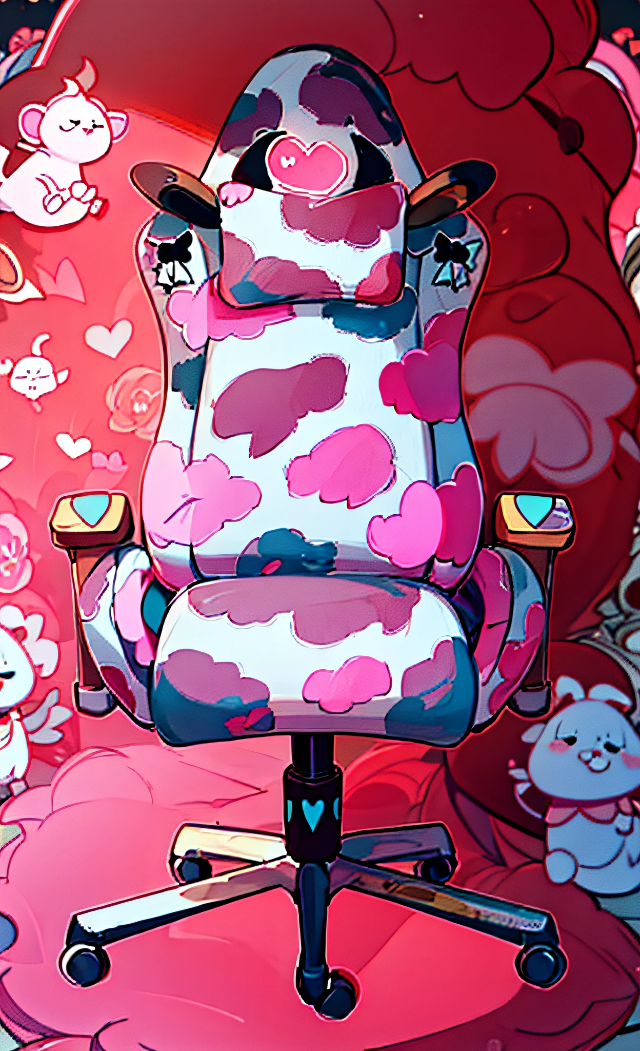 pink cow, flowers, kawaii, rokoko style, ribbon lace, cartoon cow sitting on a chair with a heart on the back, gaming chair, cow, xqcow, bovine, gaming chair as a toilet, inspired by Taiyō Matsumoto, cow-girl, campy. cow costume with udders, overwatch design, sitting in fancy chair, sitting down casually, inspired by Masamitsu Ōta, chair