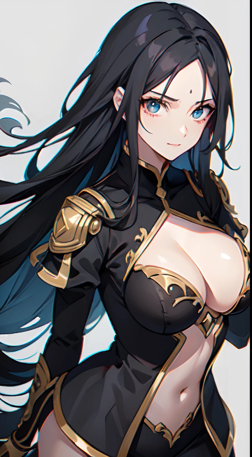 Menina, flowing black hair, olhos vermelhos ,ladina, Rogue, anime, seios grandes, Reino de neve, olhos extremamente detalhados, rosto lindo, hair messy, arrogant expression, sorriso Yandere, detailed hands, decote, peitos grandes, roupa detalhada, pernas detalhadas, Only one woman, corpo inteiro na imagem