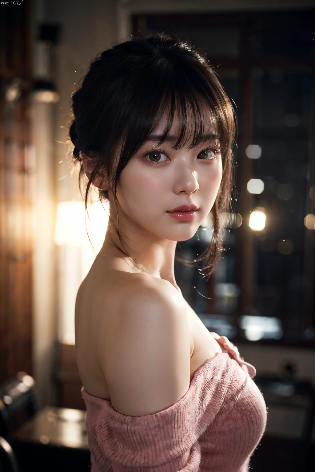 Best Quality, Masterpiece, Ultra High Resolution, (Realisticity: 1.4), Original Photo, 1girl, Pink Off-the-Shoulder, Cinematic Lighting