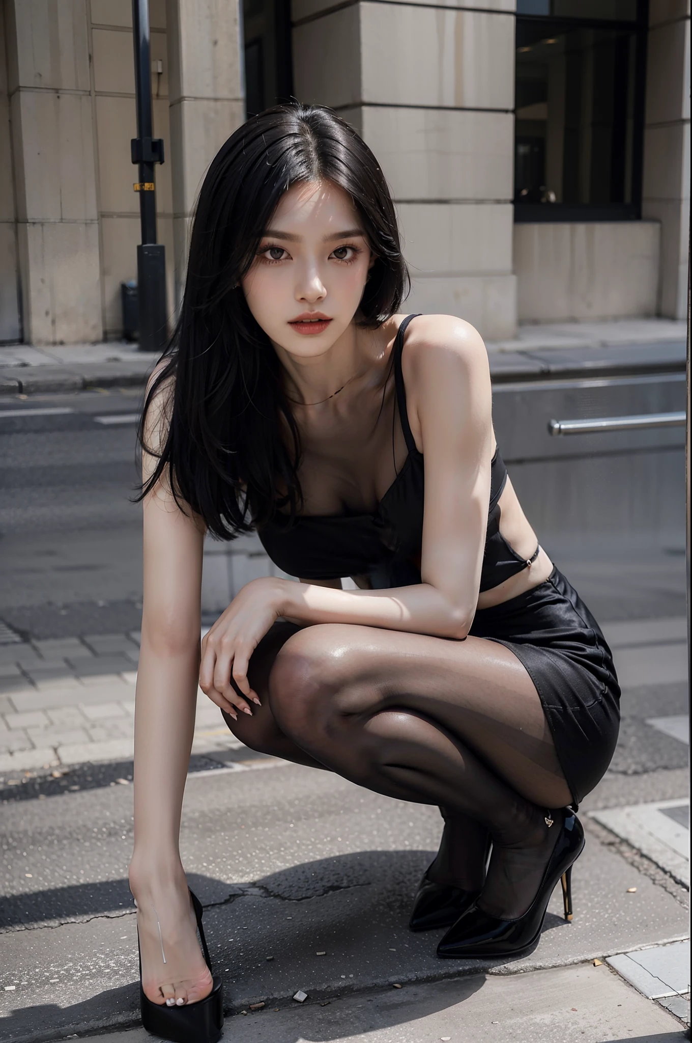 shoulder length straight black bob hair,Heavy makeup,Stiletto pointed toe heels,Transparent colorless flesh silk pantyhose,ear studs,Long legs,8K,On the street,In the daytime,Sexy clothes,small face,small head,small breasts,slim,thin