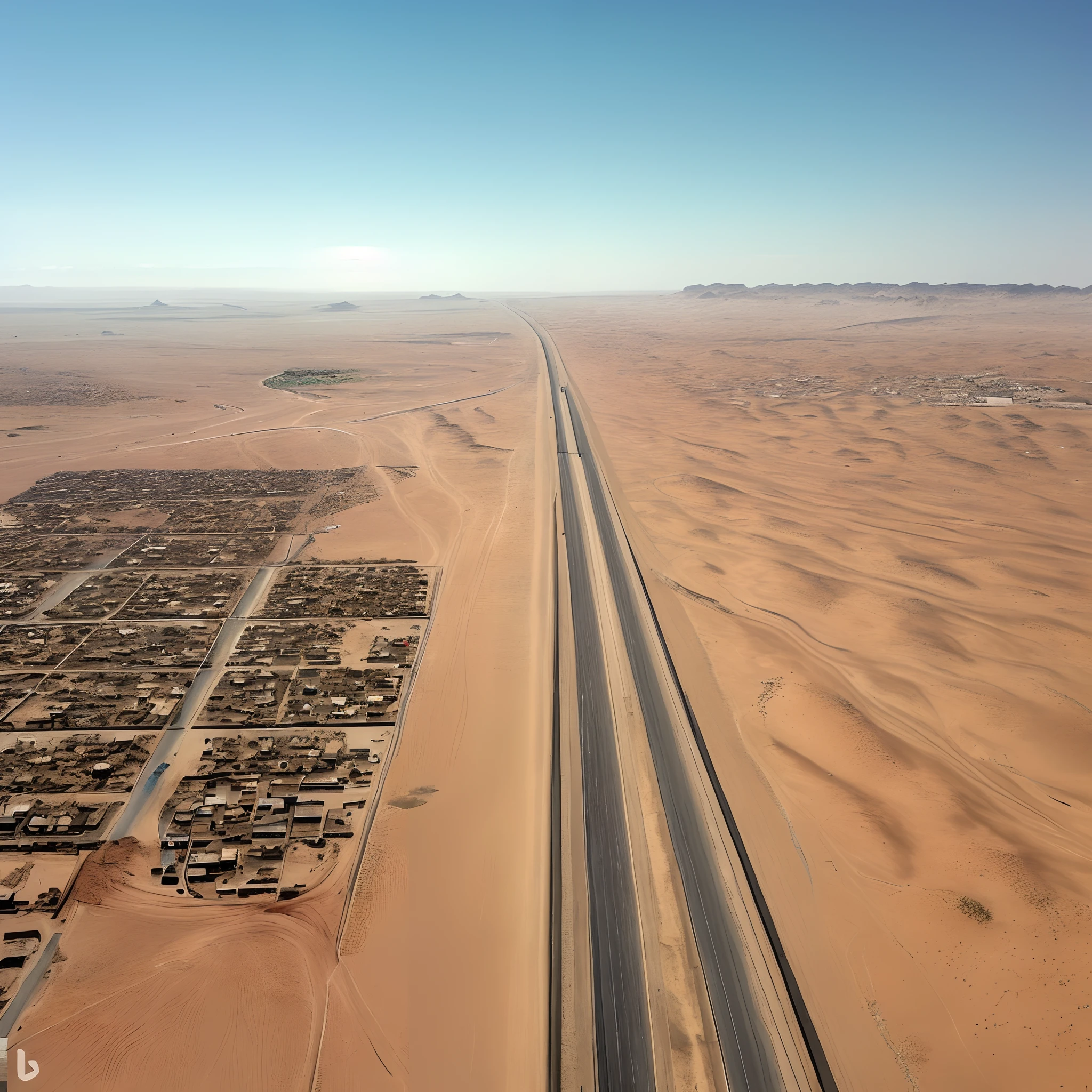 arafed road in the middle of a desert with a lot of houses, desert highway, city in desert, built in the egyptian desert, desert city, crossing the desert, sahara desert, sparsely populated, arrakis, desert photography, futuristic in the desert, absolutely outstanding image, long highway, desert with city in the skyline