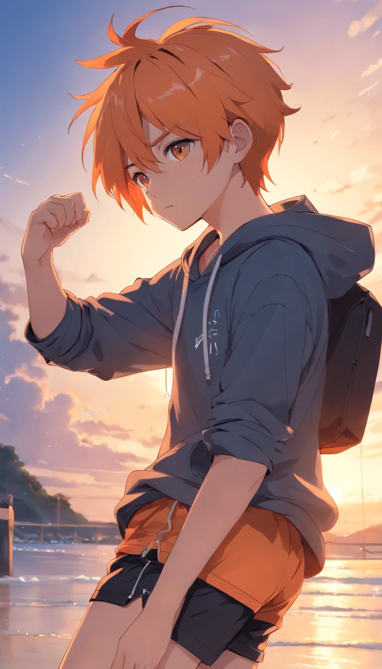 One boy、ash hoodie、Black Short Shorts、Pale orange hair、Carl Bob