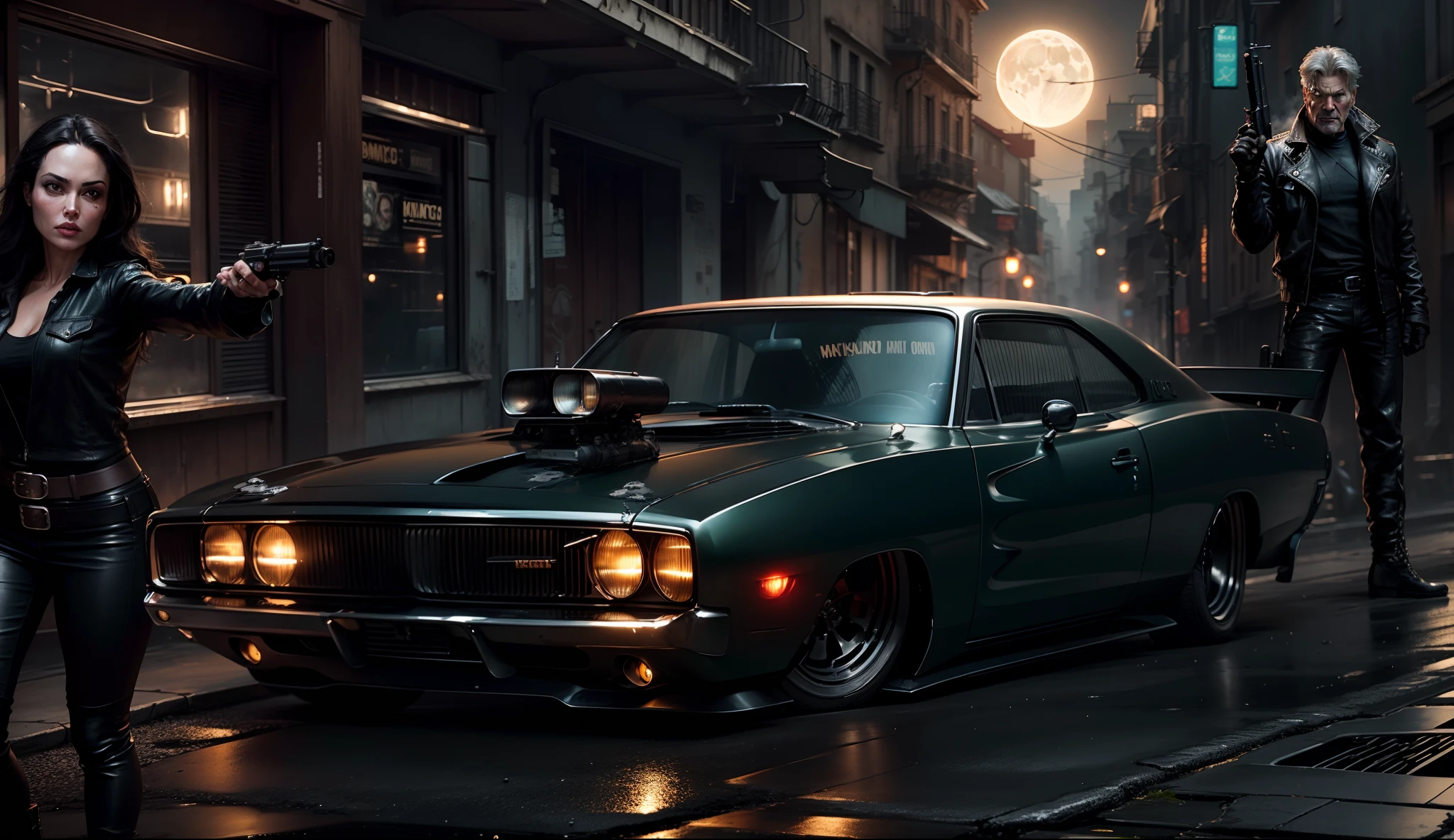 Um imponente Dodge Charger preto, behind a gangster Angelina Jolie holding a pistol and on the other side a bandit Harrison Ford standing holding a pistol, in the background a gloomy alley with a full moon shining on objects in A dieselpunk dystopian futuristic metropolis with lots of Art Deco architecture, atmosfera sombria, lighting dramatic, foco nítido, qualidade 8k, Foto RAW