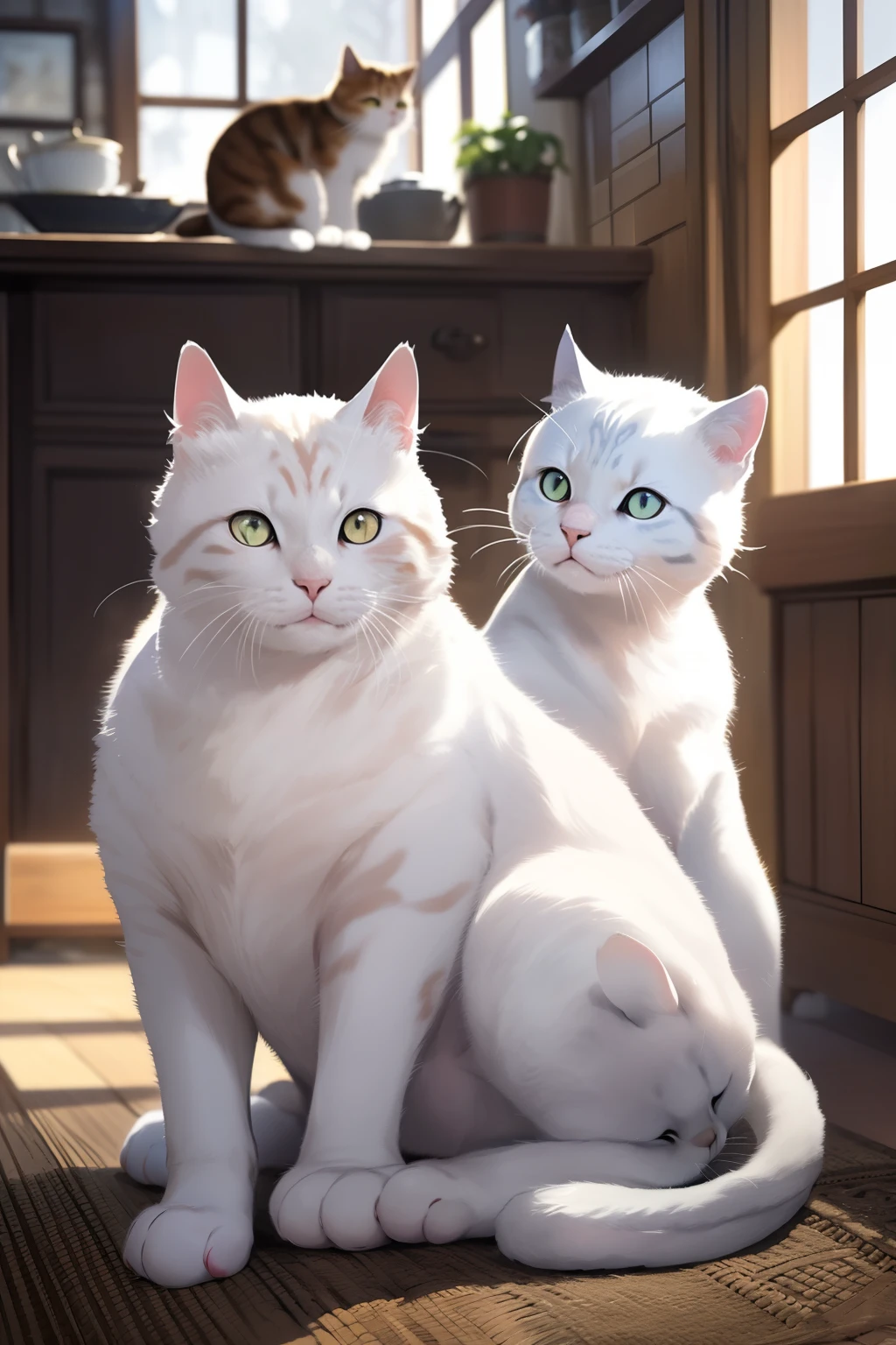 Fat cat, ((Right eye is red, Left eye is blue)), ((white cat)), no collar, Photograph chic white cats to produce ultra-high-definition images, Classic Cat Pose. Using advanced macro photography techniques、Highlights the intricate details of the cat's coat, mustaches, And expressive eyes. Place the camera at the cat's eye level, Create an intimate connection between the viewer and the cat subject. Implement a wide aperture for a shallow depth of field, Make the cat stand out clearly against a gently blurred background. Improve lighting to emphasize the texture and contours of the cat's body, Using the software, Remove hard shadows with diffused lighting、Create software, cosy atmosphere. Catch a cat in a relaxed and balanced posture, Show its flexibility and elegance. An experiment to capture moments in natural movement, Stretching, grooming, etc., To convey a sense of authenticity. Implement post-processing techniques to improve image clarity, contrast, and color balance, Ensure every aspect, From the cat's intricate patterns to its intense gaze, Rendered in stunning detail. It is the last, convey the gentle beauty and innate grace of the cat, Capture fleeting moments celebrating the unique essence of a cat's curiosity and calmness.