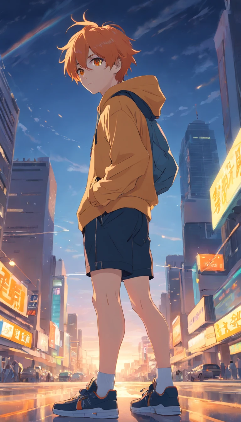 One boy、ash hoodie、Black Short Shorts、Pale orange hair、Carl Bob、yellow  eyes