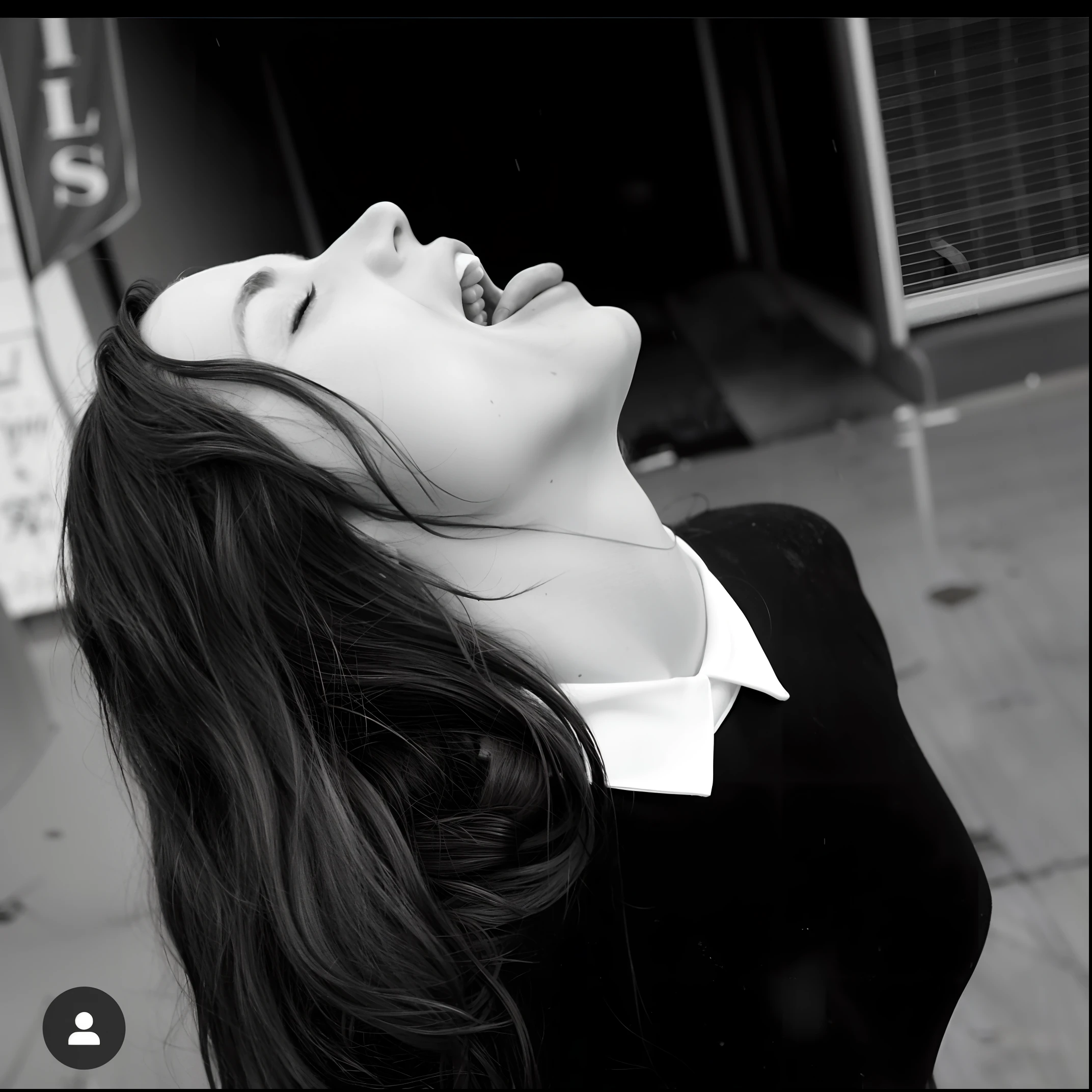 arafed woman with long hair and a white shirt is laughing, beautiful kat dennings, leica sl2 35mm black and white, kat dennings, by Niko Henrichon, black and white photo, black and white picture, yawning, she is in pure bliss, shot on leica sl2, instagram photo, a black and white photo