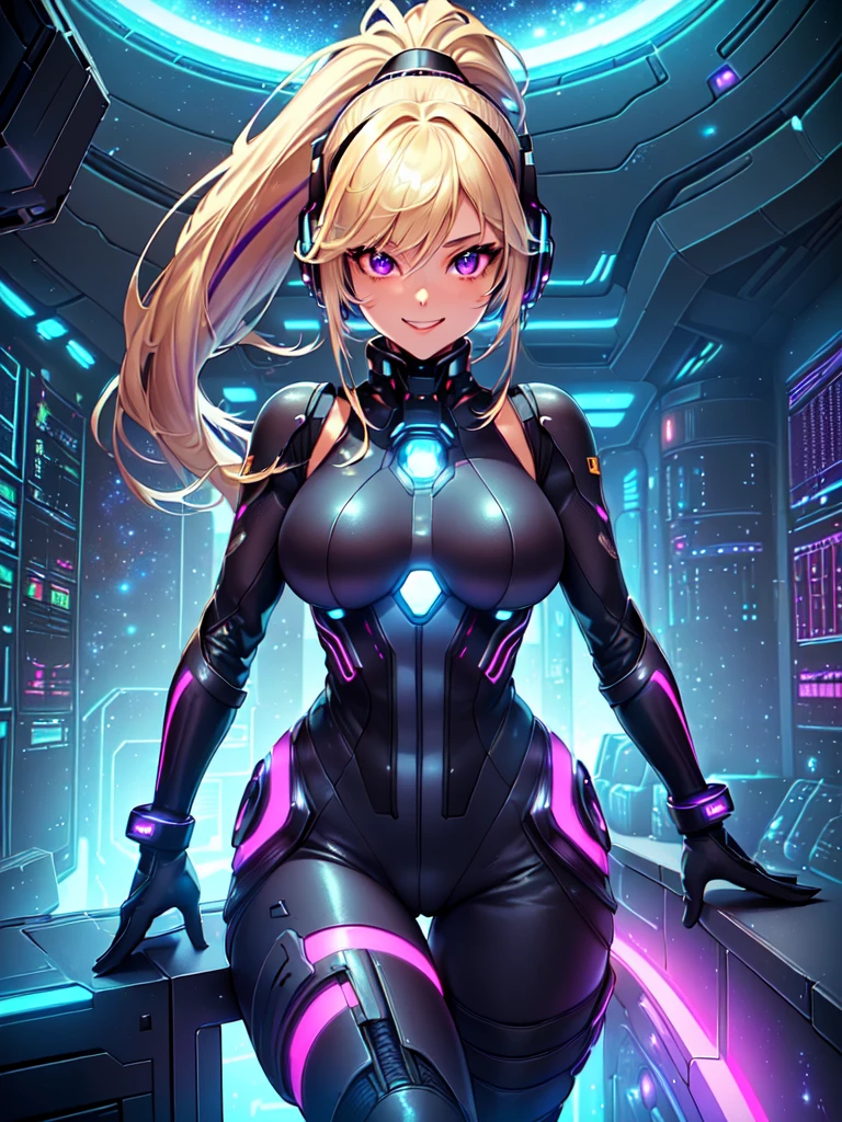 masterpiece:1.4, 1girl in ((20yr old, Dressed in a tight futuristic bodysuit in black and silver, long boots, huge-breasted, Multicolored blonde hair, twin ponytail, Perfect model body, Pink eyes:1.4, Wearing headphones, Flirting, Happy, Big smile, Looking out the window of the futuristic sci-fi space station、While admiring the beautiful galaxy:1.2, SFSF control room on night background:1.1, Neon and energetic atmosphere:1.2)) ((Galaxy)) ((Solo:1.6))