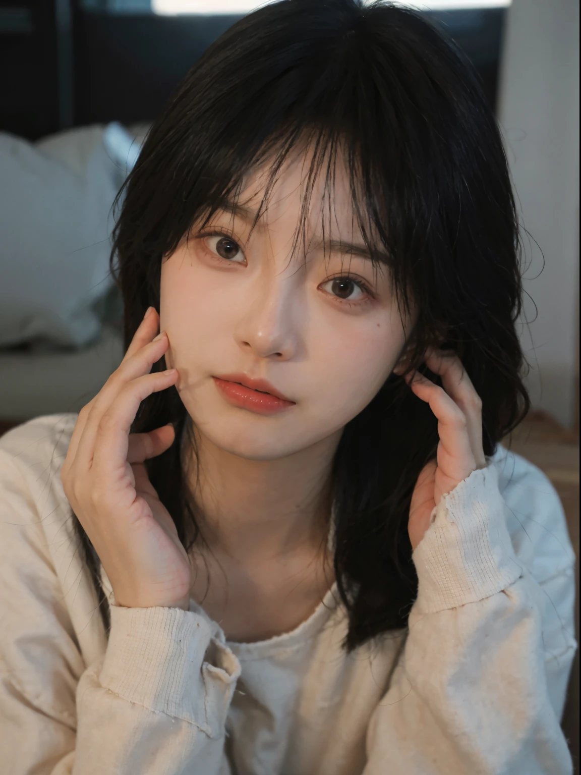 Best quality， 超高分辨率， （realistically：1.4）， A woman with long black hair and a gray sweater, The medium scene is, In a ray of sunlight，She has black hair，through bangs, young lovely Korean faces, Cute Korean face, Urzans, Shin Jinying, beautiful aesthetic face, Korean facial features, Played by Liu Li Zhien ，beautiful realistic face