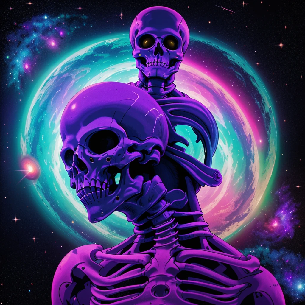 In the ethereal expanse of cosmic dust and vibrant tones, A lifeless astronaut floats silently in the void of space. The strange sight of the skeleton&#39;o rosto preso no capacete faz sua coluna tremer. The eerie stillness juxtaposes with vivid colors，Created a frightening representation of the end of the universe.