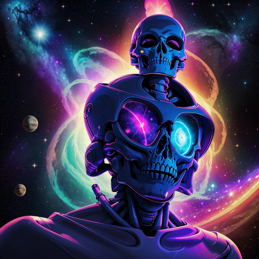 In the ethereal expanse of cosmic dust and vibrant tones, A lifeless astronaut floats silently in the void of space. The strange sight of the skeleton&#39;o rosto preso no capacete faz sua coluna tremer. The eerie stillness juxtaposes with vivid colors，Created a frightening representation of the end of the universe.