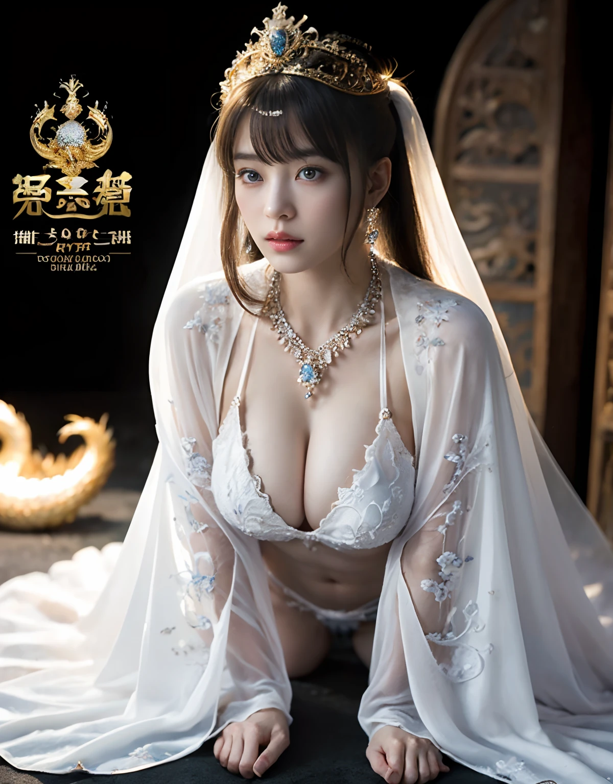 top-quality、masterpiece、超A high resolution、(White Dragon Armor)、(((Colossal tits))),(((Variety of hairstyles))、(((Take different poses))),(Wearing a beautiful crown made of jewels),(Photorealsitic:1.4)、Raw photo、1人、Golden hair、glowy skin、(((Japan Dragon)))、(((maikurobikini))),(Gorgeous Jewelry Necklaces)、(Mystical expression)、(Full Body Angle)、(Fight big dragons)、A dark-haired、poneyTail、(Detailed: White Metal Bikini)、(Detailed and beautiful flower garden)、Precipitous cliffs、(Castle background)、((super realistic details))、portlate、globalillumination、(sexypose)、Shadow、octan render、(Random hair)、8K、Raw skin is exposed in cleavage、metals、Details of complex ornaments、Japan details、highly intricate detail、Realistic light、Blue eyes、radiant eyes、Facing the camera、Precipitous cliffs、Toostock、(Full Body Angle)、(veils)、(((Heavy Big))),