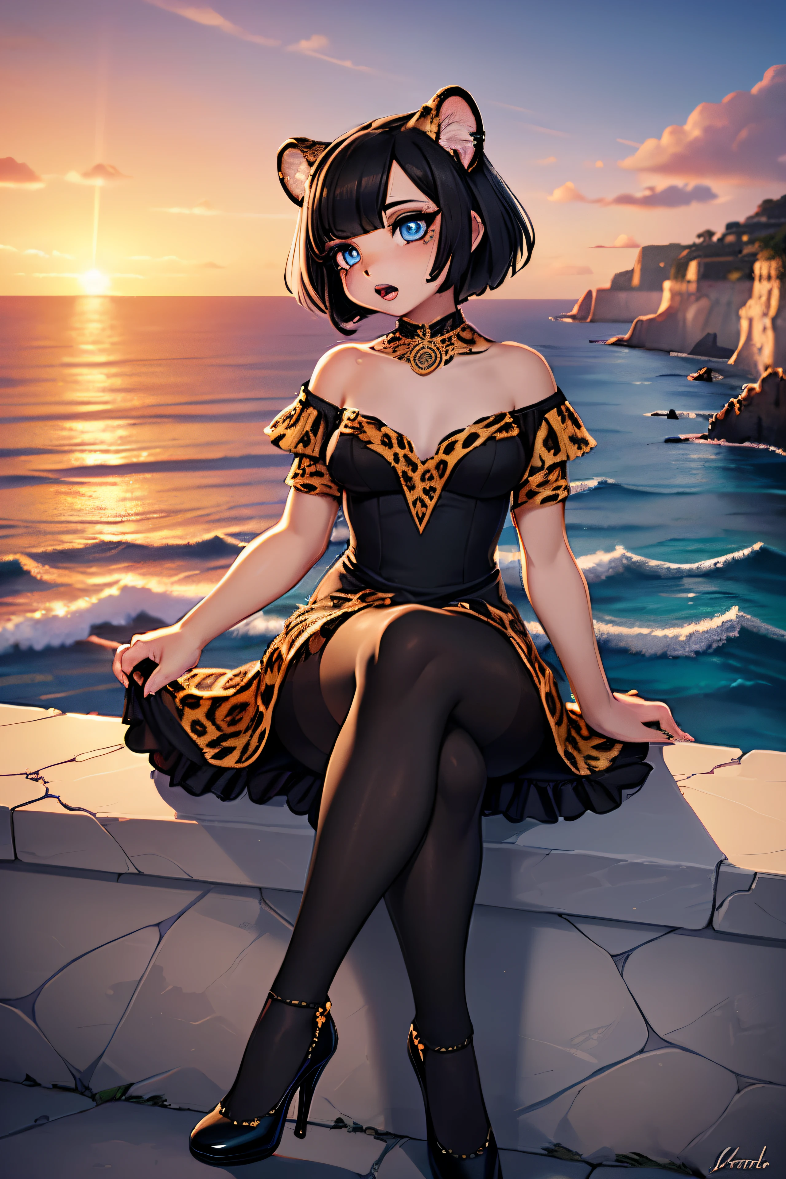 rugged coastal cliffs, crashing waves below, warm sunset tones, seabirds soaring in the ocean breeze, a sense of wild coastal grandeur, Professional Photography, (masterpiece), best quality, expressive eyes, detailed face, ((leopard girl)), open mouth, black lipstick, snipped haircut, (black hair), sensual high heels, crossed legs, whimsical layers, ((an art piece featuring a dress with ruffled tulle for a fantasy-inspired look)), ((opulence pantyhose)), (ornate details), regal patterns, golden embellishments, a luxurious and detailed display on the legs,