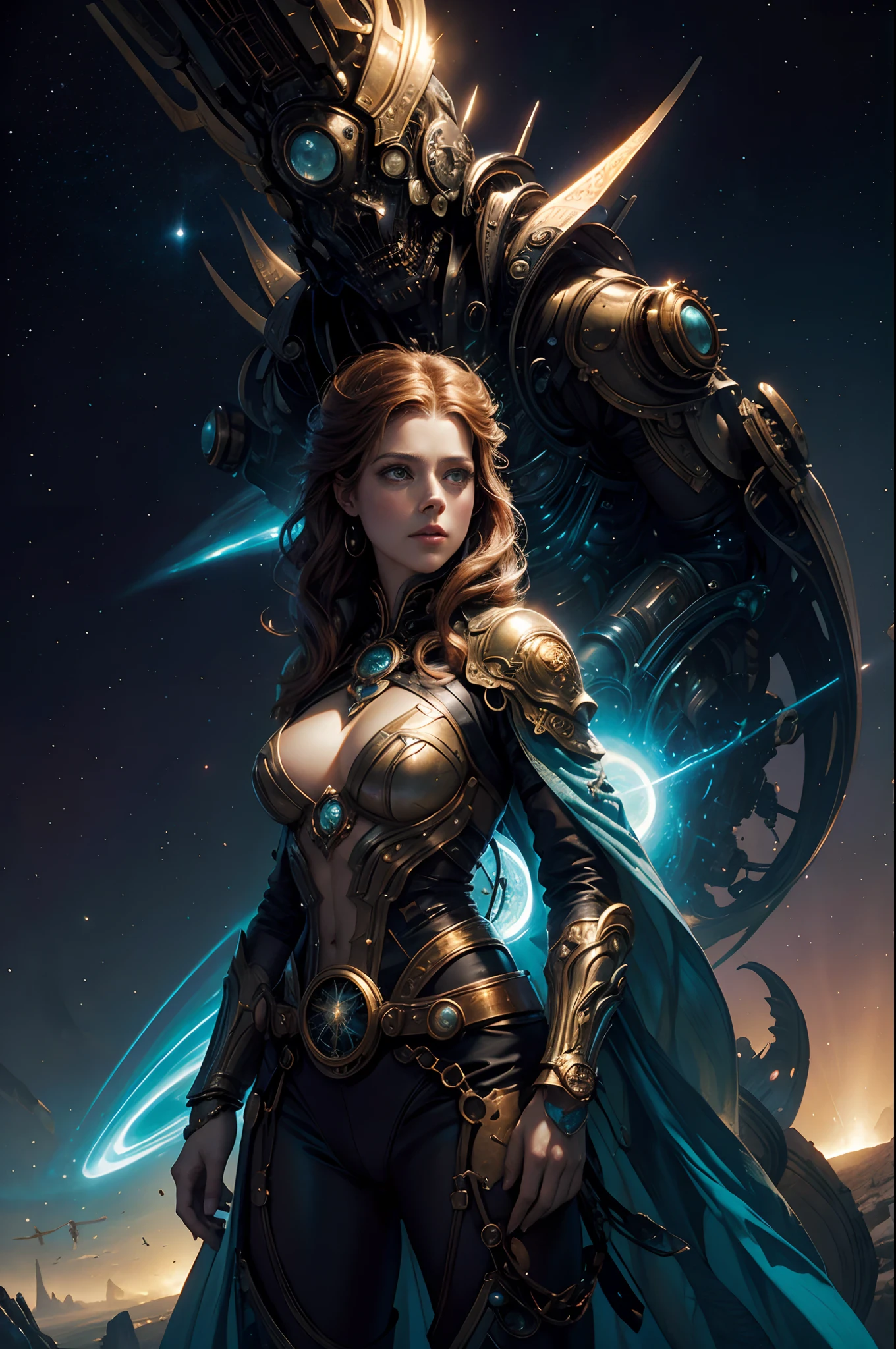 The city of the future, kosmos, technologies, magia, boris vallejo and tom bagshaw, Prophet graphic novel, Cosmic artifacts, Inspired by Count Norem, deep dream, Awarded by CGSociety, looks a bit similar to amy adams, golden turquoise steampunk, anno 2070,Realistis,01