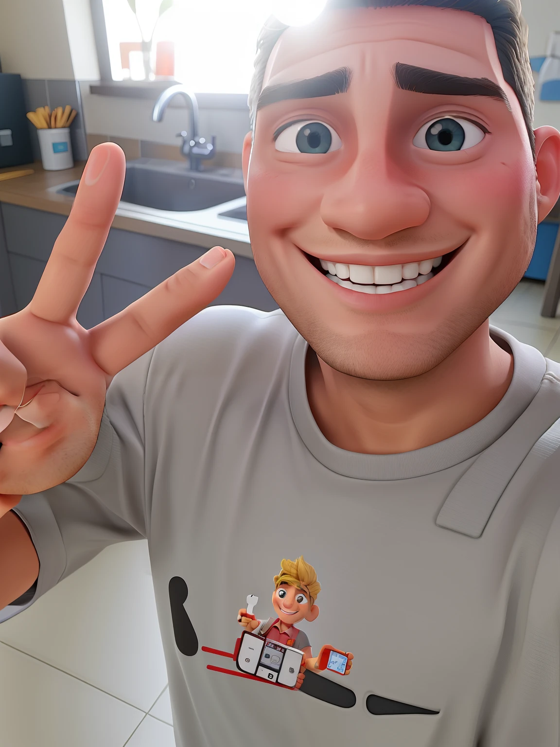 smiling man in gray shirt making a peace sign with his hand, caio santos, imagem de qualidade muito baixa, 2 7 anos, imagem frontal, Fotografia selfie 8k, Carmelo Blandino, 2 3 anos, sorriso insano, iphone selfie, 3 2 anos, 2 8 anos, sorriso frito, Foto realista, Homem de 4 0 anos