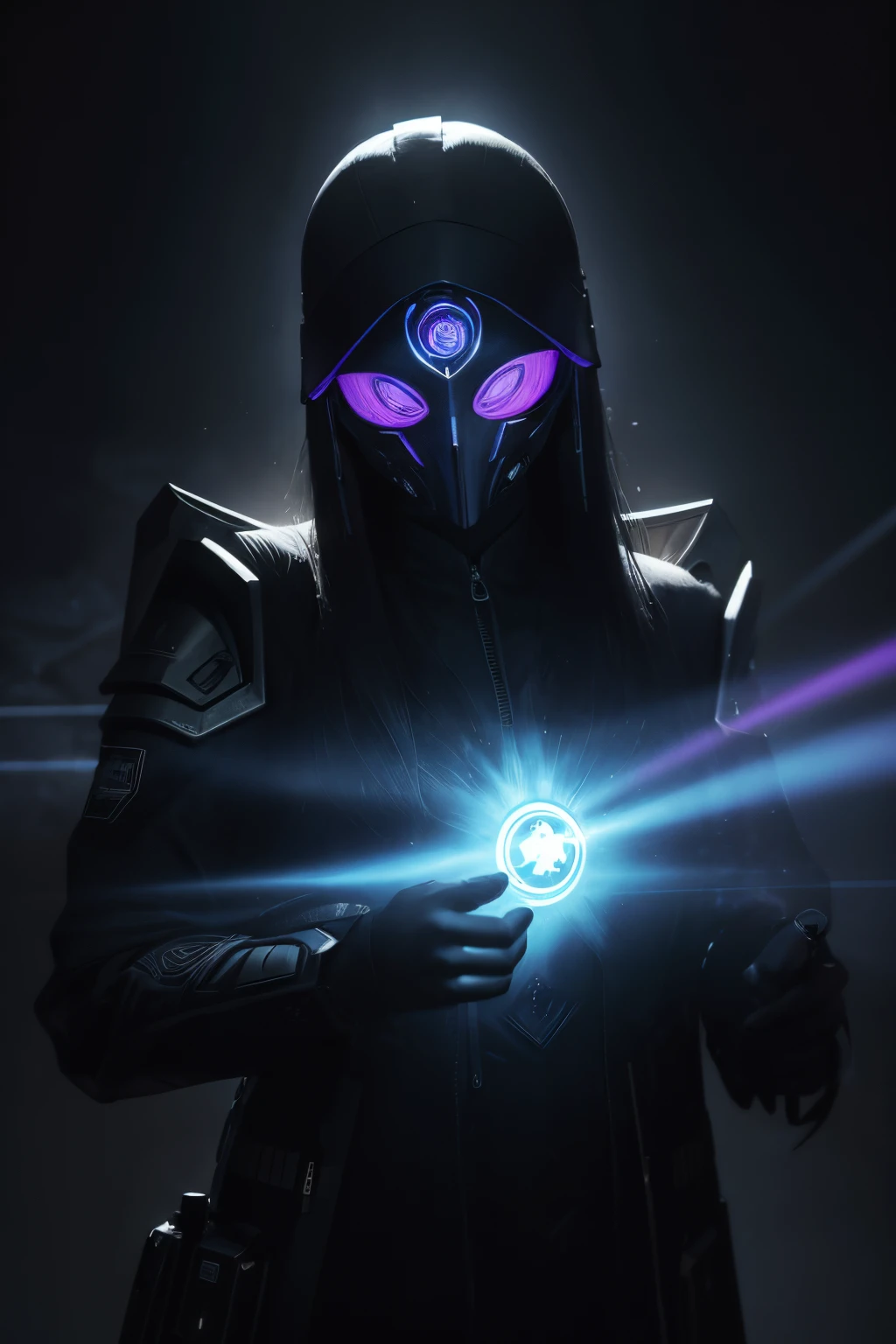 Woman in unique mask with cosmic eyes and futuristic overcoat, pose triunfante visto de baixo para cima, divine superior being with halo on simple smoky background, futuristic mask, estilo cyberpunk, Foto realista, 8k, 4k, extreme res, ultra high-resolution, dynamic lighting, conquistador de mundos sobre uma pilha de morte