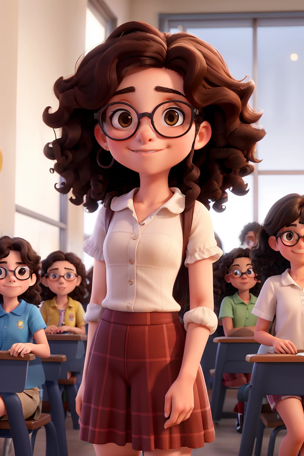 Cinco meninas adolescentes na escola, a curly-haired brunette with round prescription glasses, uma baixa de cabelo liso, uma alta de cabelo liso com mechas loiras, uma loira de olhos azuis, e uma morena com o cabelo com duas mechas loiras
