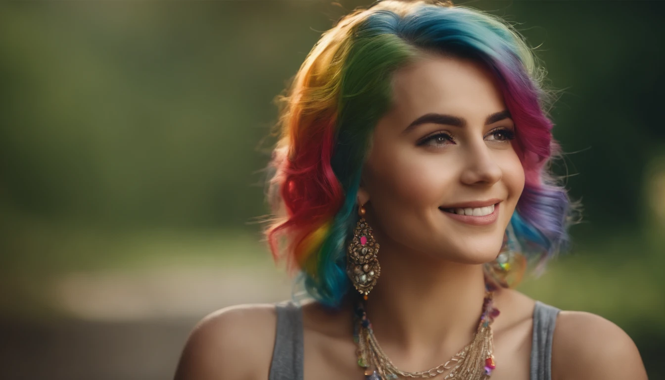 1 girl, jewelry, bead necklace, tank top,  smile, gorgeous face, no background, rainbow hair, cute hair style, cute hair accessories,