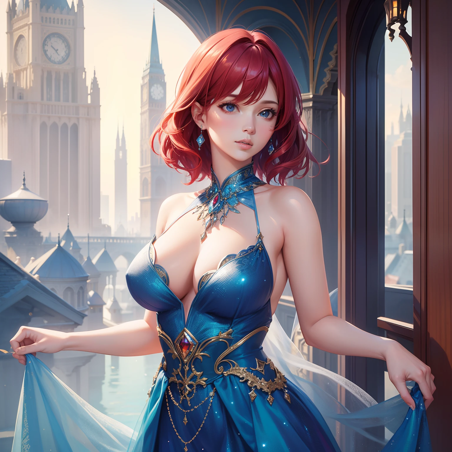 Best quality, masterpiece, highly detailed, realistic, beautiful woman in sparkly flowy blue dress, with an ethereal aura in a fantasy city, luxurious, fancy, short red hair