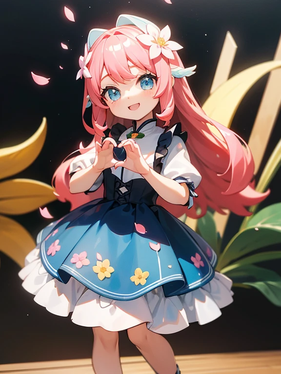 fotoRealstic、Doll standing in front of painting（Nendroid）、Boca aberta e sorriso largo、Water droplets on the cheeks、Make a heart with both hands in a cute pose、aquarela Nendoroid、(High Definition Figure)、Seda iridescente fluindo、para cima do rosto、De olho、Colorcon with heart pattern、vestido floral、There are also flowers in front of the Nendroids、flower petals、season!!: 夏天☀ 🍂