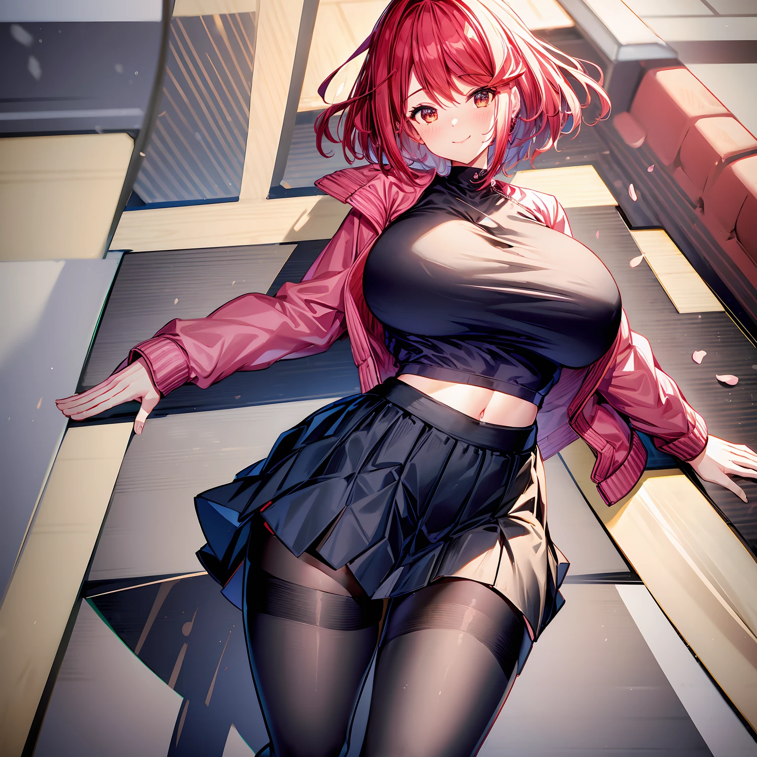 (masterpiece, best quality:1.5), (ultra detailed, high resolution, 8k, beautiful detailed, UHD, best anatomy), 1 cute girl, red hair, medium breasts, sleeves past fingers, Flared skirt, boots, blank expression, headphone, Hoodie