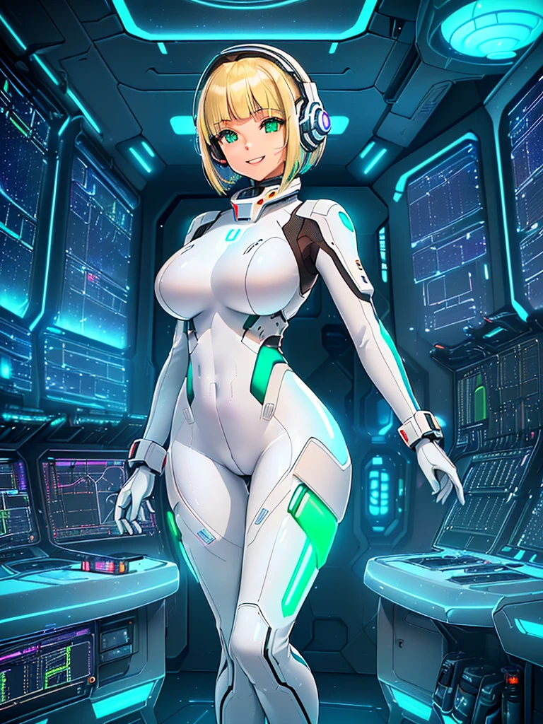 ​masterpiece:1.4, 1girl in ((20yr old, Dressed in a tight futuristic bodysuit in white and silver, long boots, huge-breasted, Multicolored blonde hair, bob cuts, Perfect model body, Green eyes:1.4, Wearing headphones, Flirting, Happy, Big smile, Looking out the window of the futuristic sci-fi space station、While admiring the beautiful galaxy:1.2, SFSF control room on night background:1.1, Neon and energetic atmosphere:1.2)) ((Galaxy)) ((Solo:1.6))